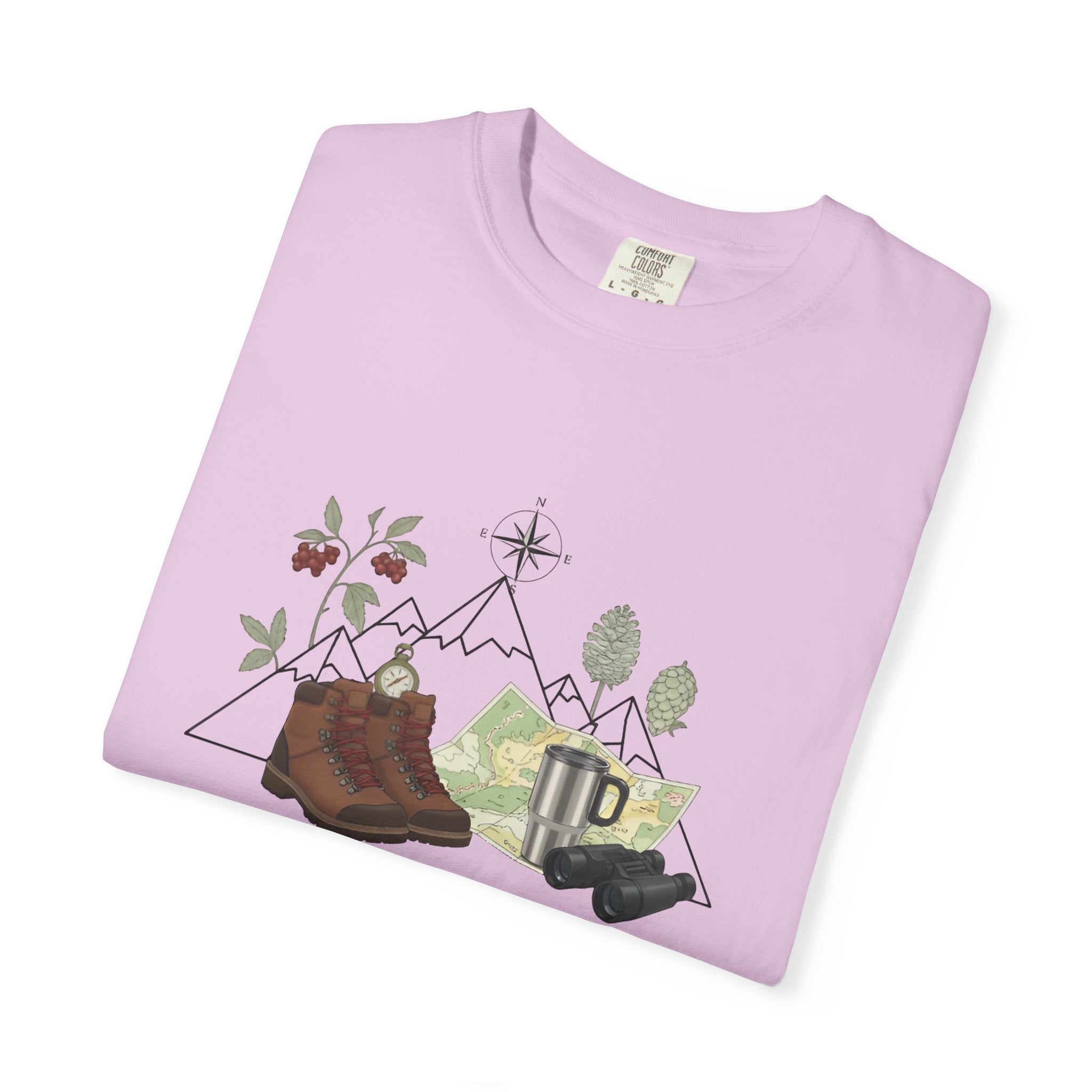 Camping Mountain Outdoors Graphic T-shirt | Hiking Boots Trees Flowers