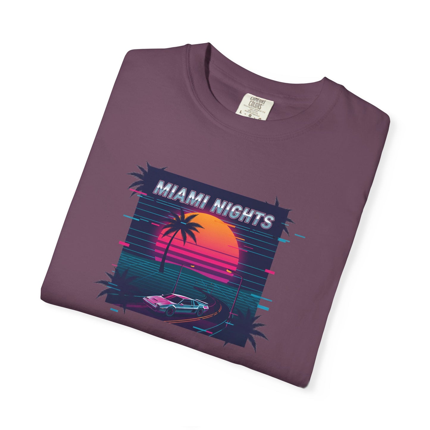 Miami Nights Sunset Palm T-shirt | Retro Vaporwave Beach Scene