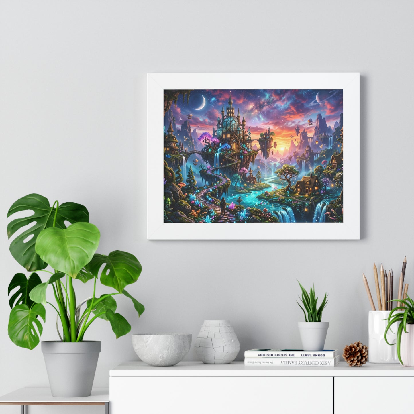 Ethereal Celestial Castle Fantasy Art Print | Dreamy Whimsical Landscape Poster | Vibrant Magical Realm Wall Decor