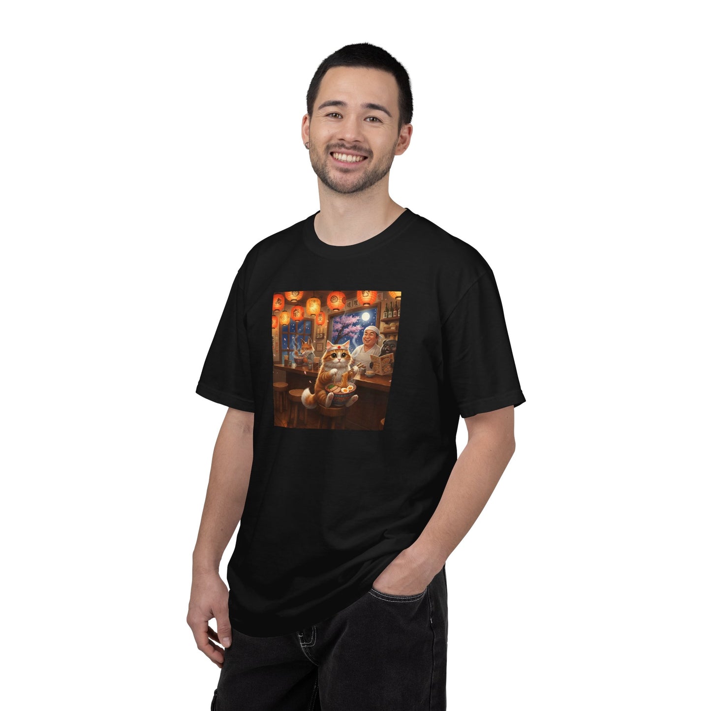 Whiskers and the Wondrous Noodles Cat Bar Ramen Scene T-shirt | Cozy Pub Cat Illustration