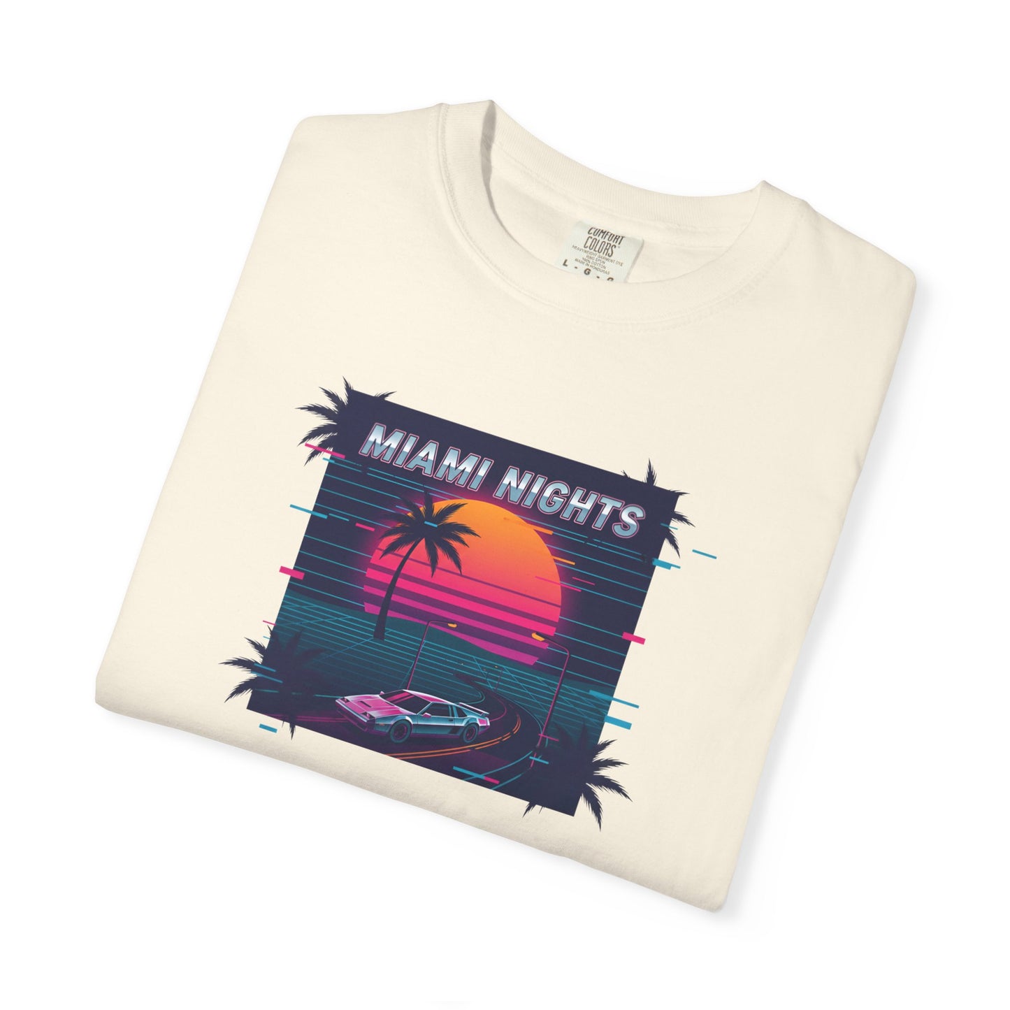 Miami Nights Sunset Palm T-shirt | Retro Vaporwave Beach Scene