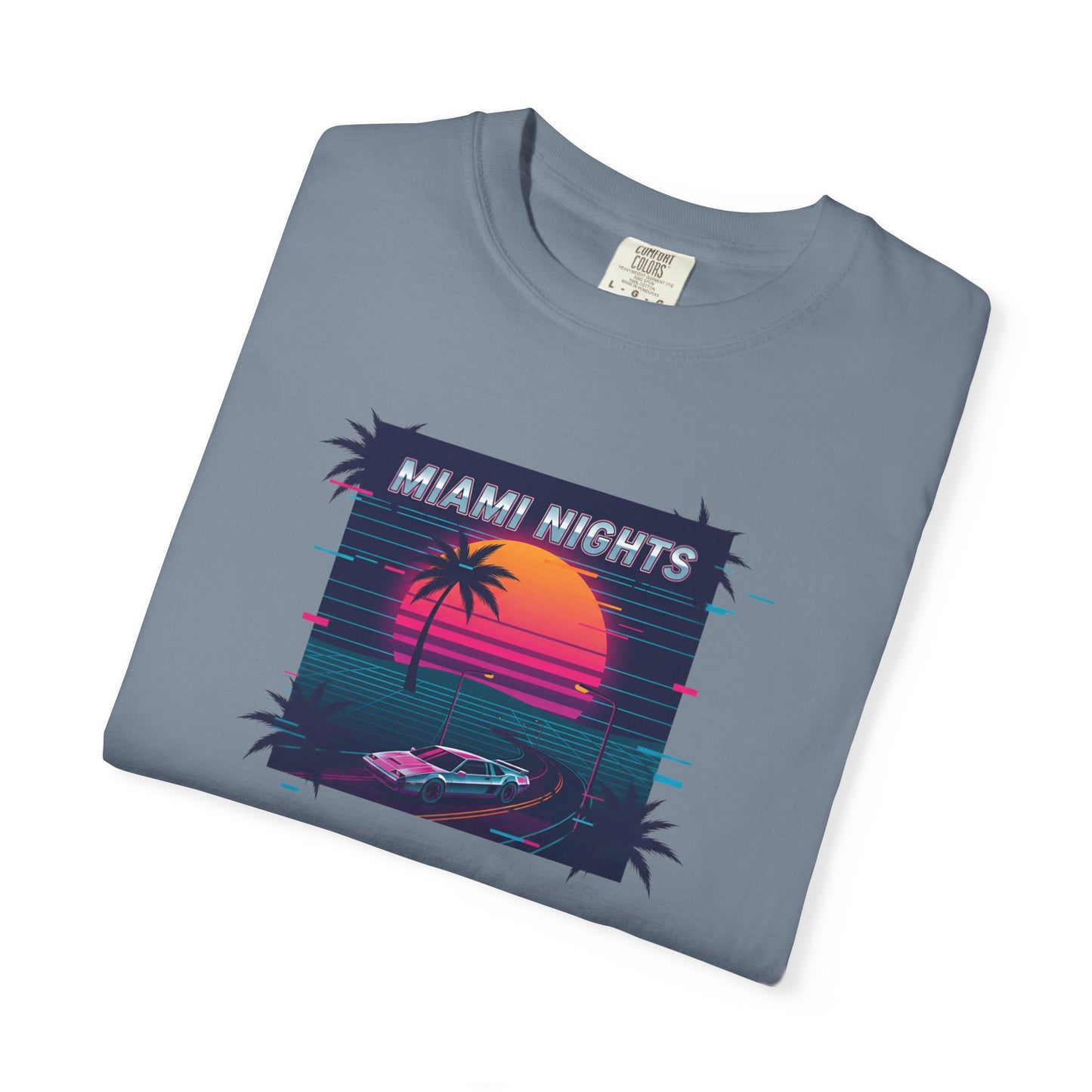 Miami Nights Sunset Palm T-shirt | Retro Vaporwave Beach Scene