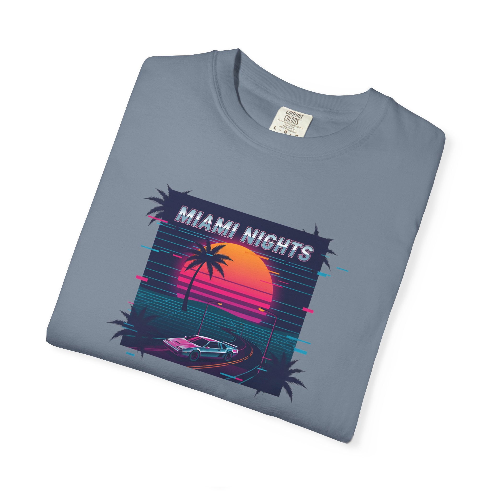 Miami Nights Sunset Palm T-shirt | Retro Vaporwave Beach Scene
