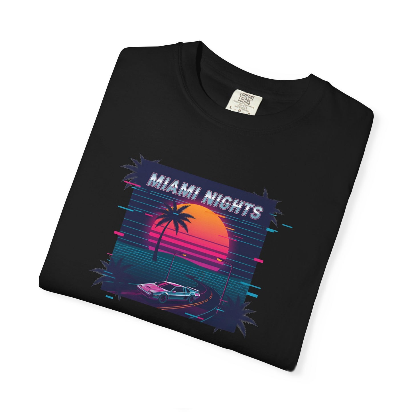 Miami Nights Sunset Palm T-shirt | Retro Vaporwave Beach Scene