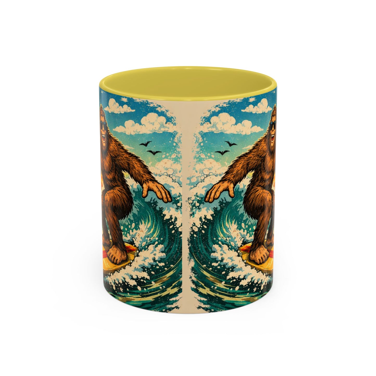 Surfing Bigfoot Mug | Retro Beach Sunset Bigfoot Wave Coffee Cup
