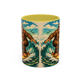Surfing Bigfoot Mug | Retro Beach Sunset Bigfoot Wave Coffee Cup