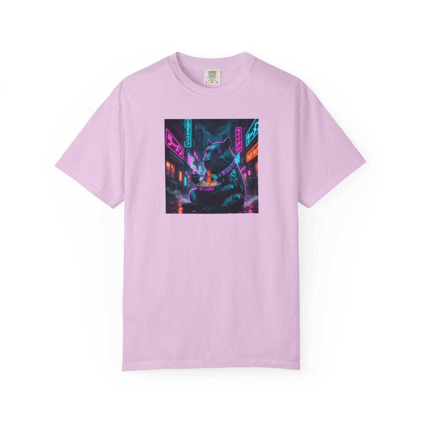 Neon Cyberpunk Capybara Cityscape T-Shirt | Futuristic Night Street Art