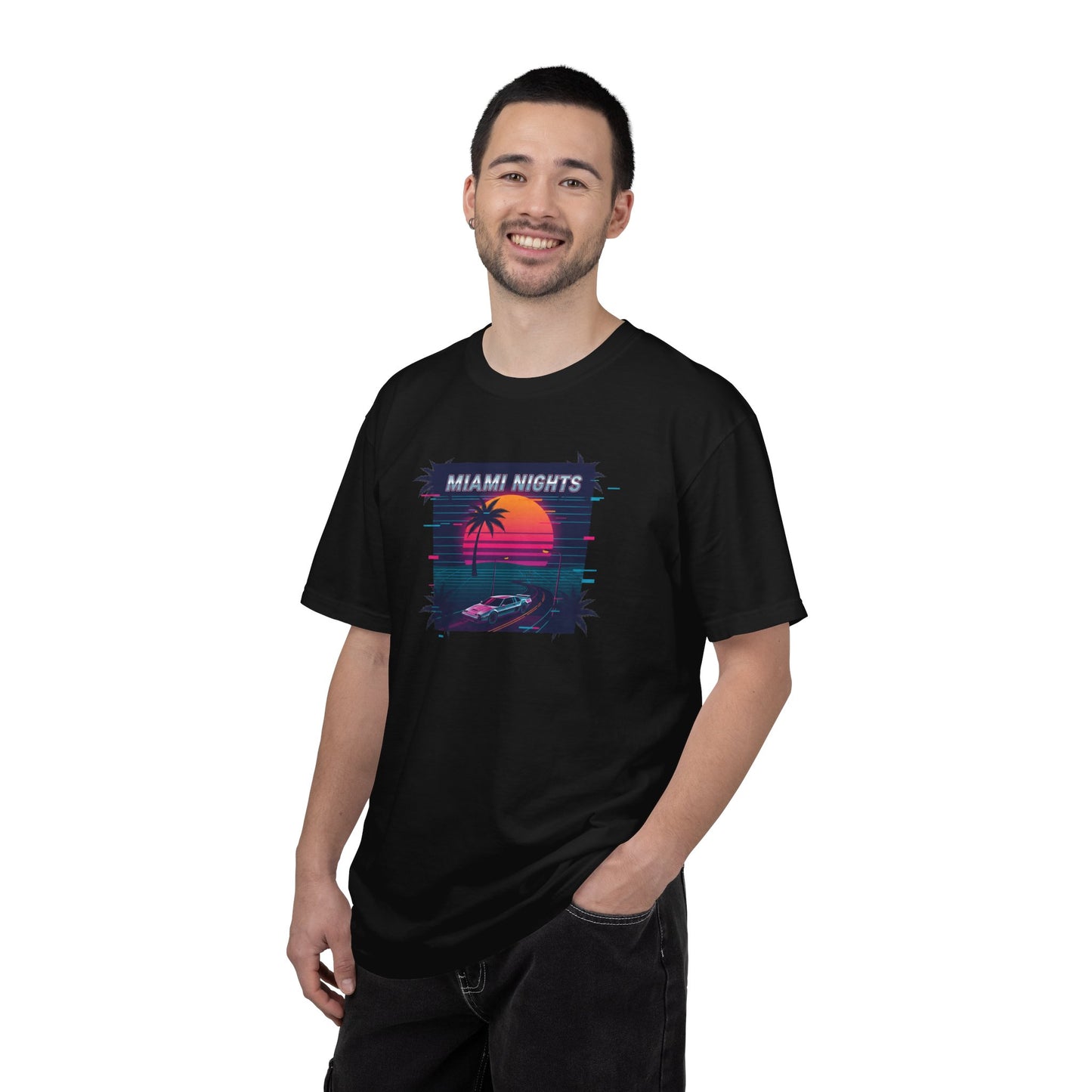 Miami Nights Sunset Palm T-shirt | Retro Vaporwave Beach Scene