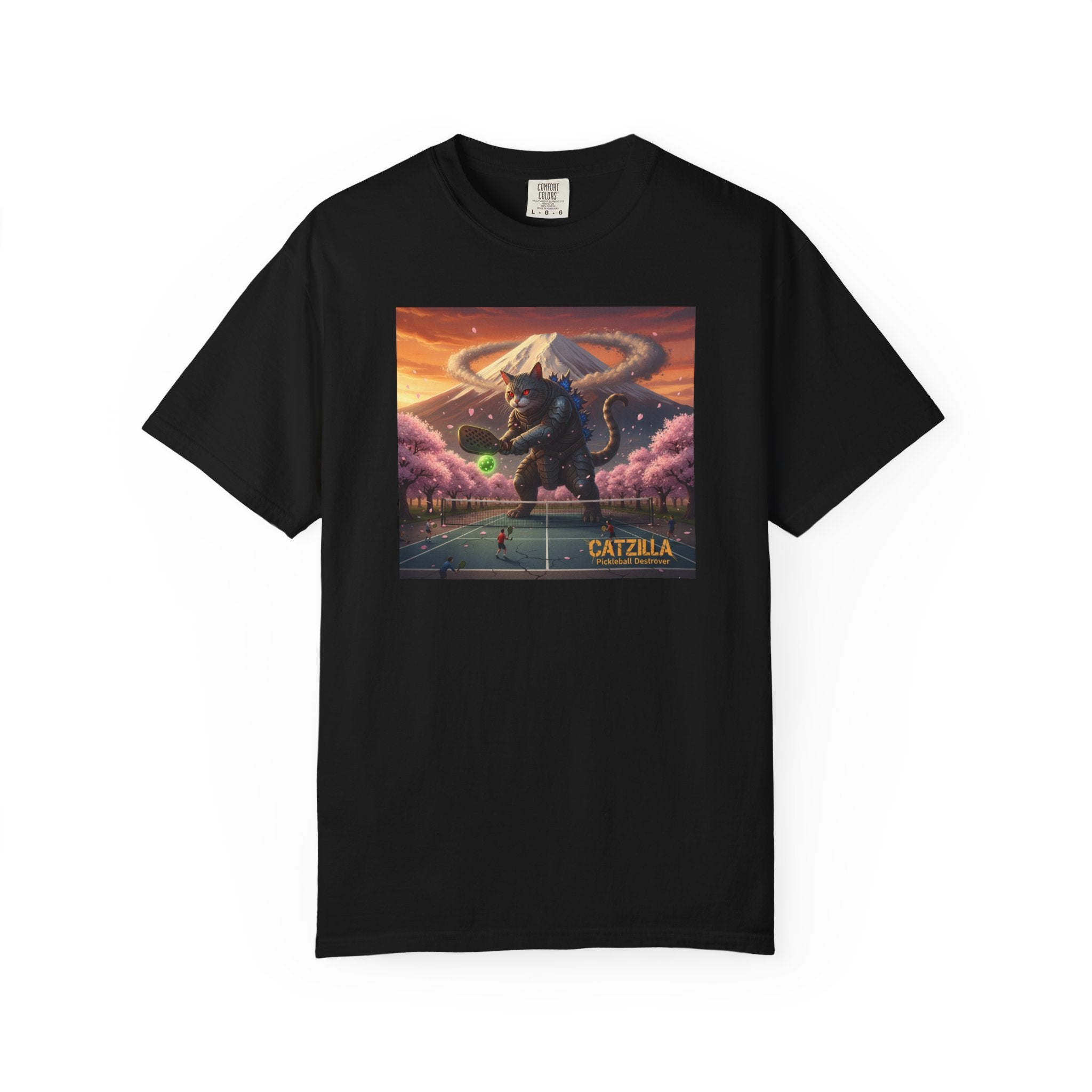 Catzilla Pickleball Destroyer T-shirt | Kaiju Cat Samurai, Mount Fuji Cherry Blossoms