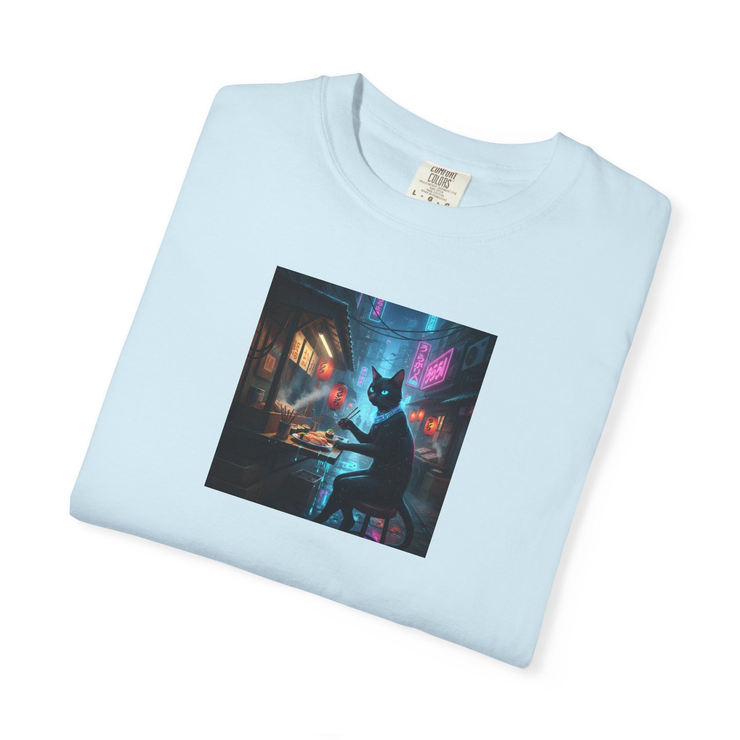 Cyberpunk Cat Sushi T-shirt | Neon Japan Noir
