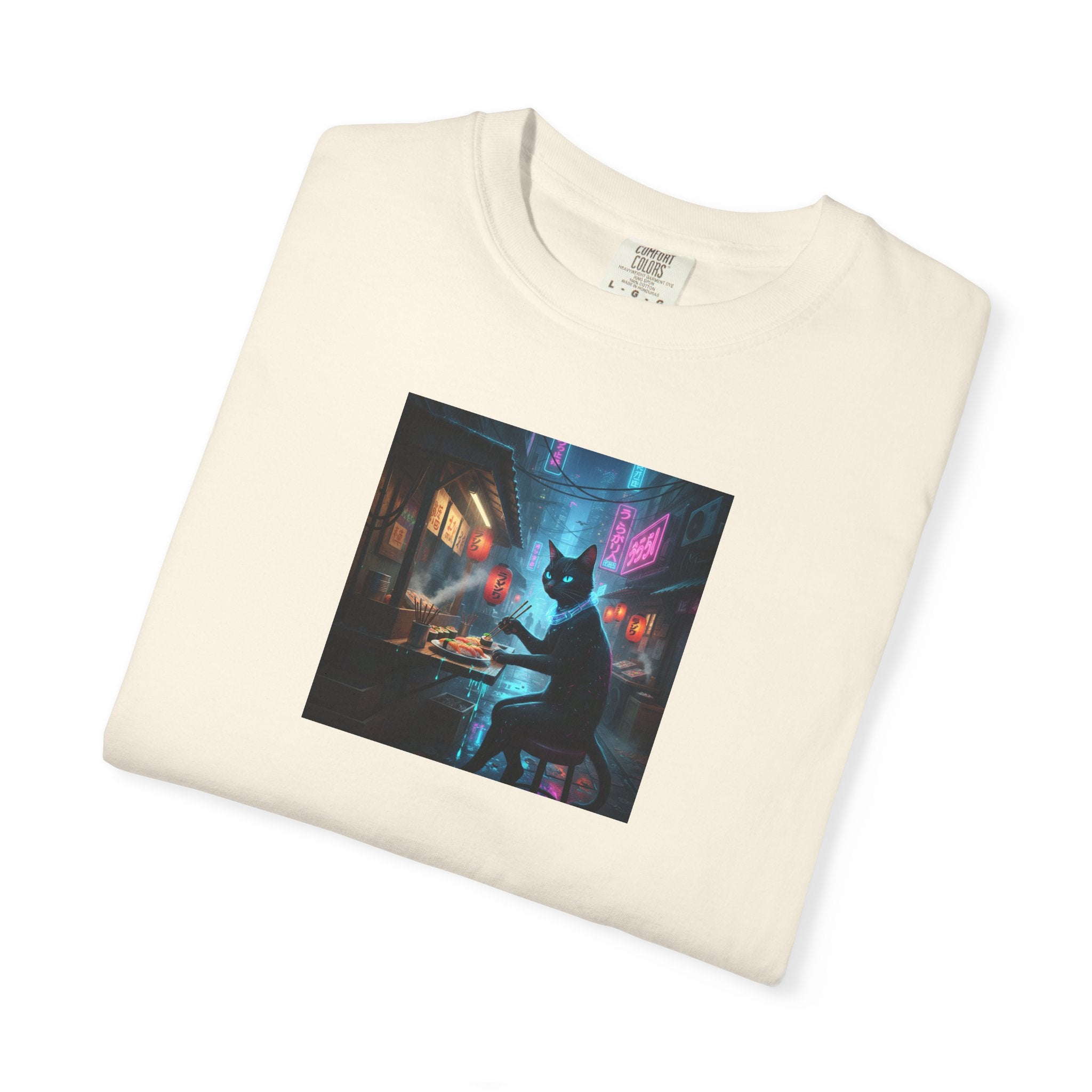 Cyberpunk Cat Sushi T-shirt | Neon Japan Noir