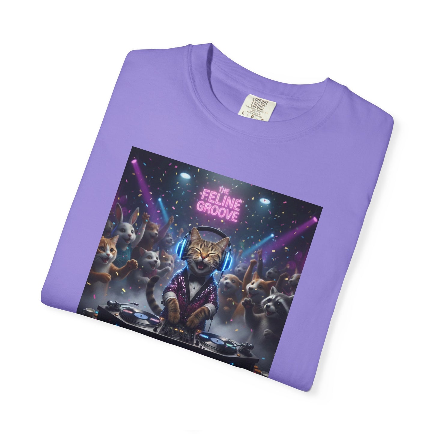 Feline Groove DJ Cat Illustration T-Shirt | Retro Neon Club Scene