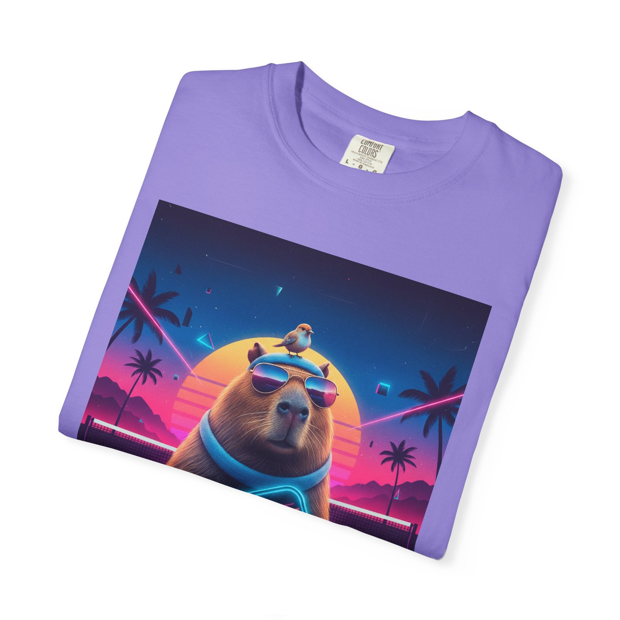 Retro Vaporwave Capybara with Sunglasses T-shirt | Neon Sunset Palm Trees