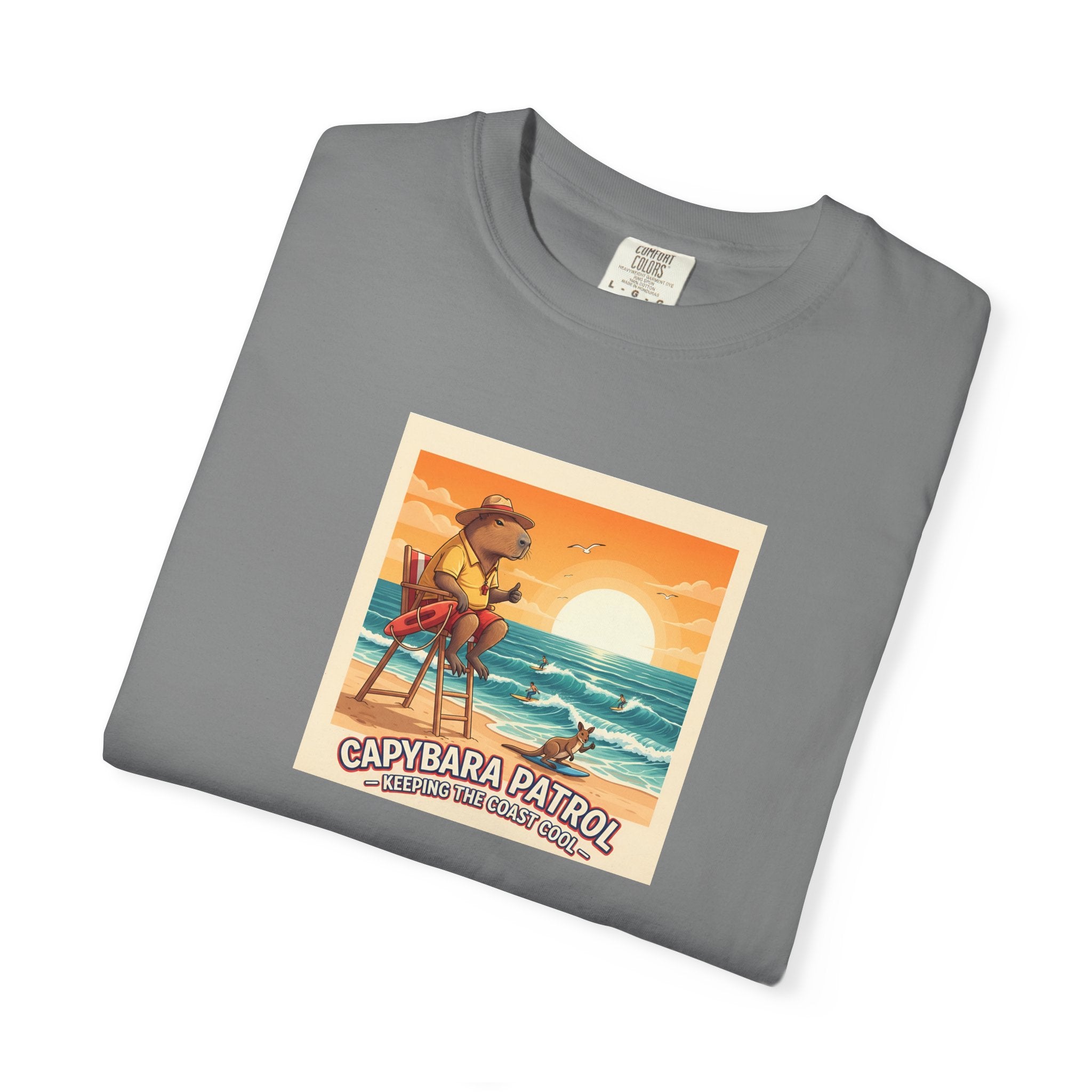 Capybara Patrol Sunset Surfing Capybara T-Shirt | Retro Beach Vibes