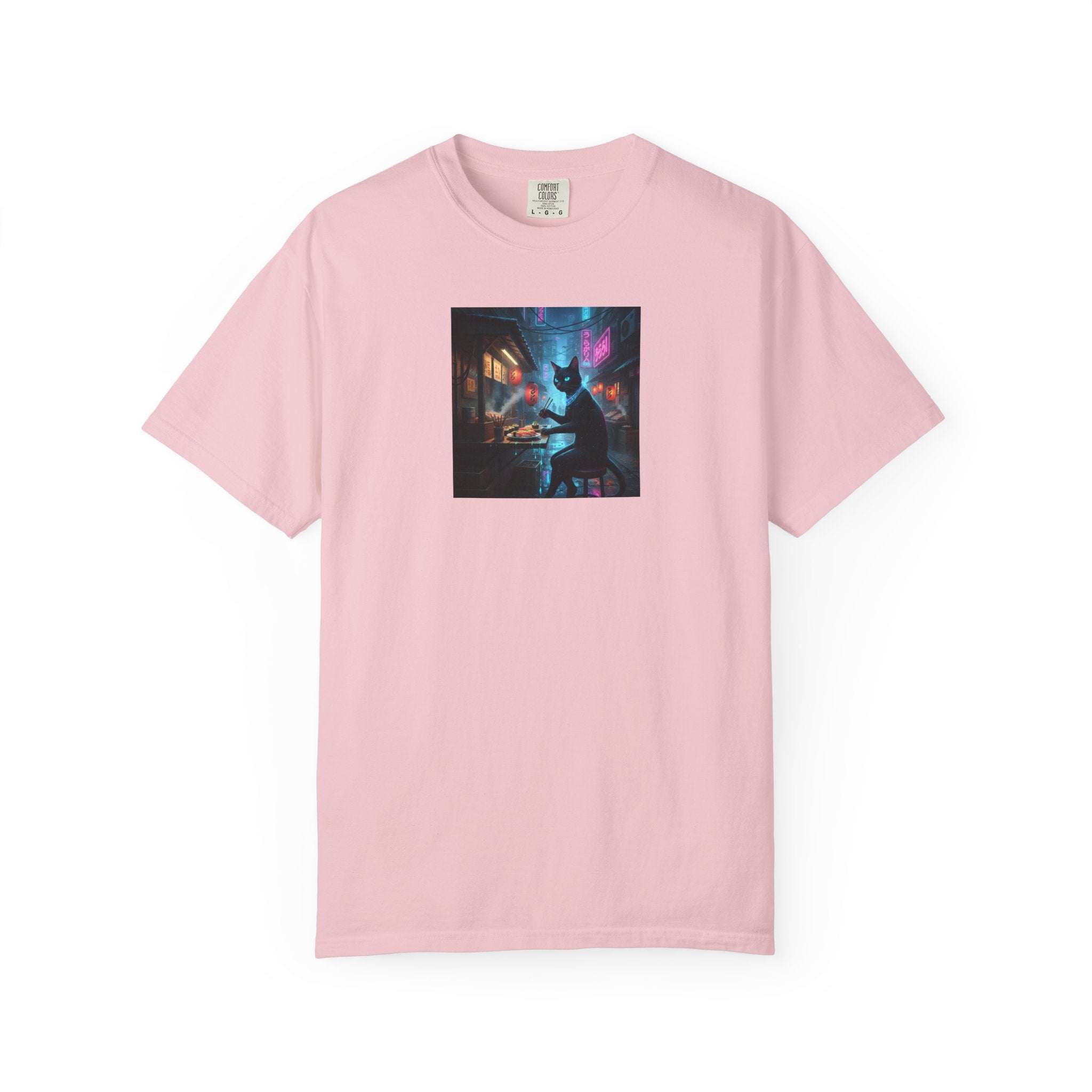 Cyberpunk Cat Sushi T-shirt | Neon Japan Noir