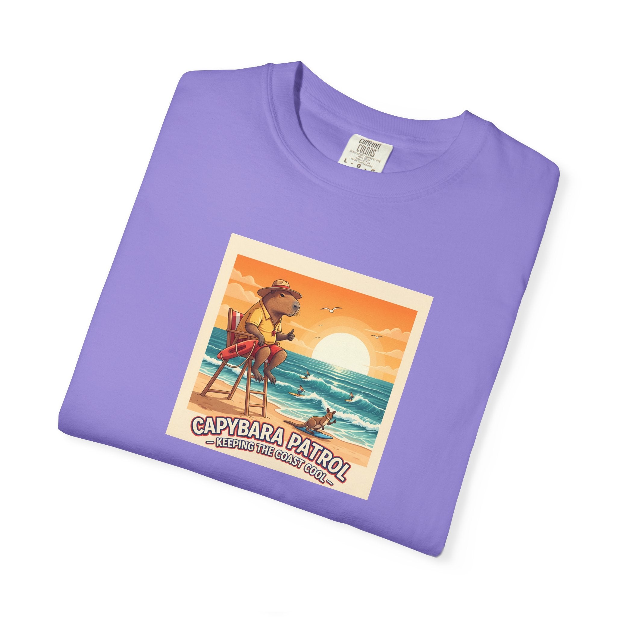 Capybara Patrol Sunset Surfing Capybara T-Shirt | Retro Beach Vibes