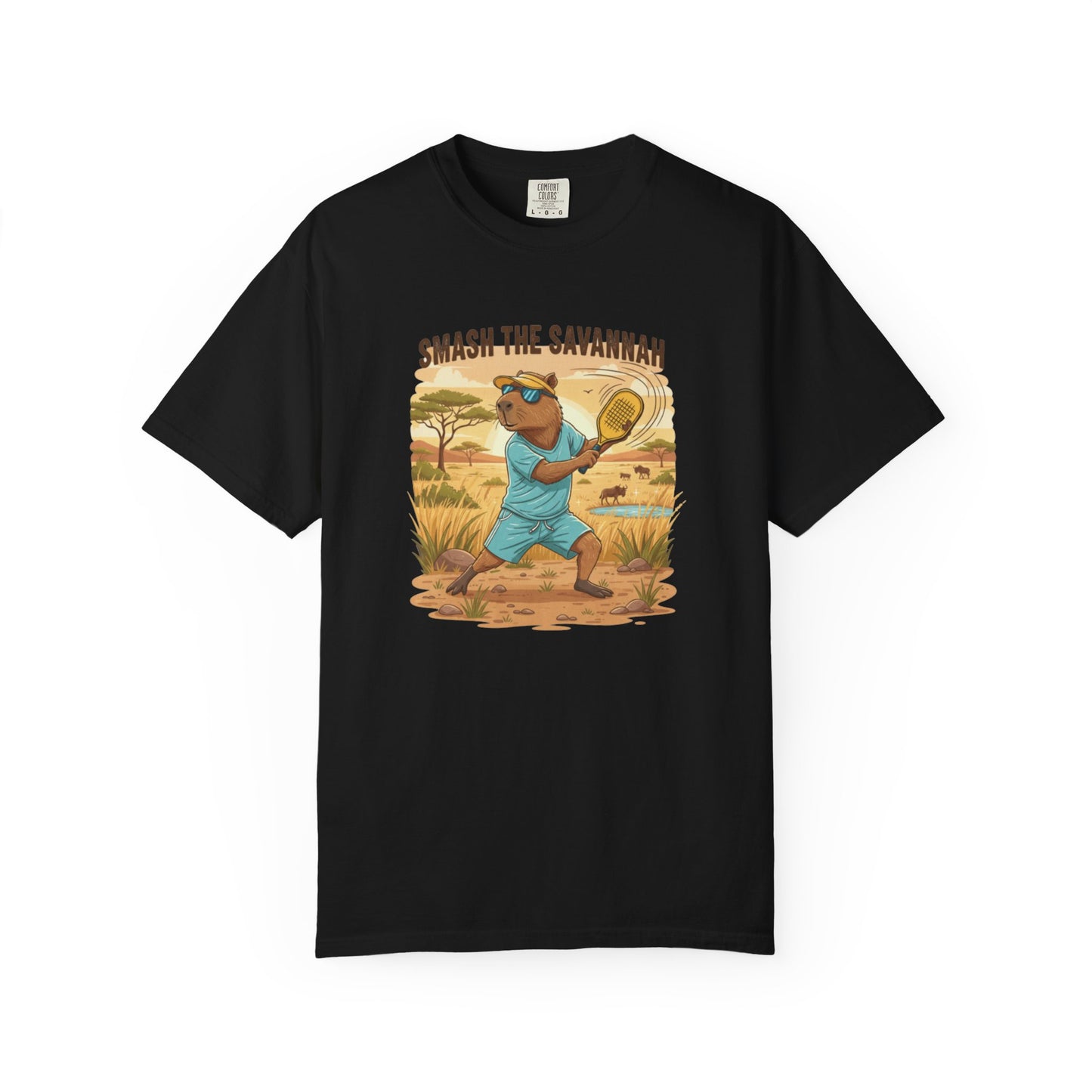 Smash the Savannah Capybara Pickleballer T-Shirt | Animal Sports Graphic Tee