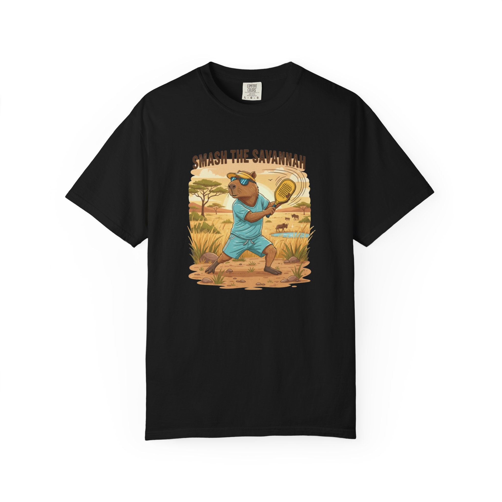 Smash the Savannah Capybara Pickleballer T-Shirt | Animal Sports Graphic Tee