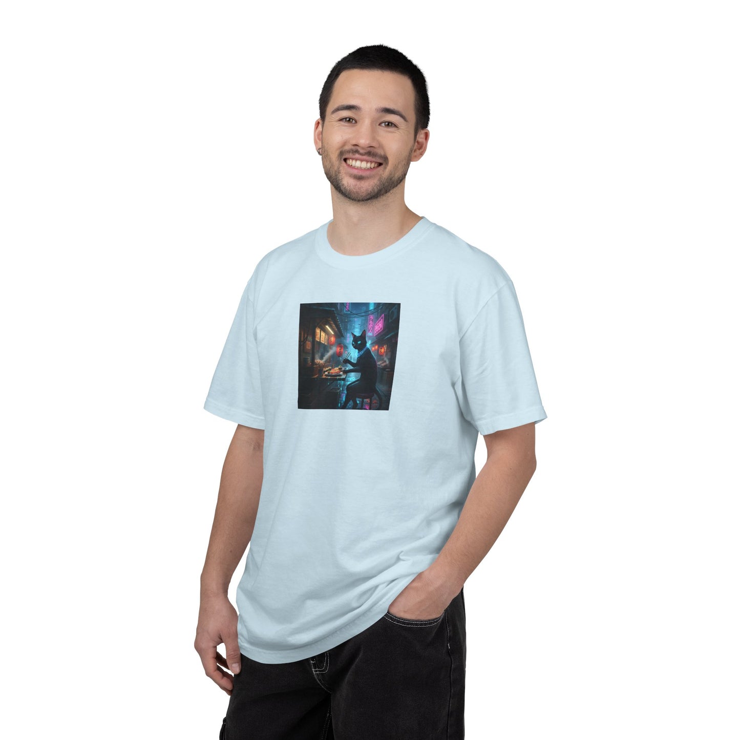 Cyberpunk Cat Sushi T-shirt | Neon Japan Noir