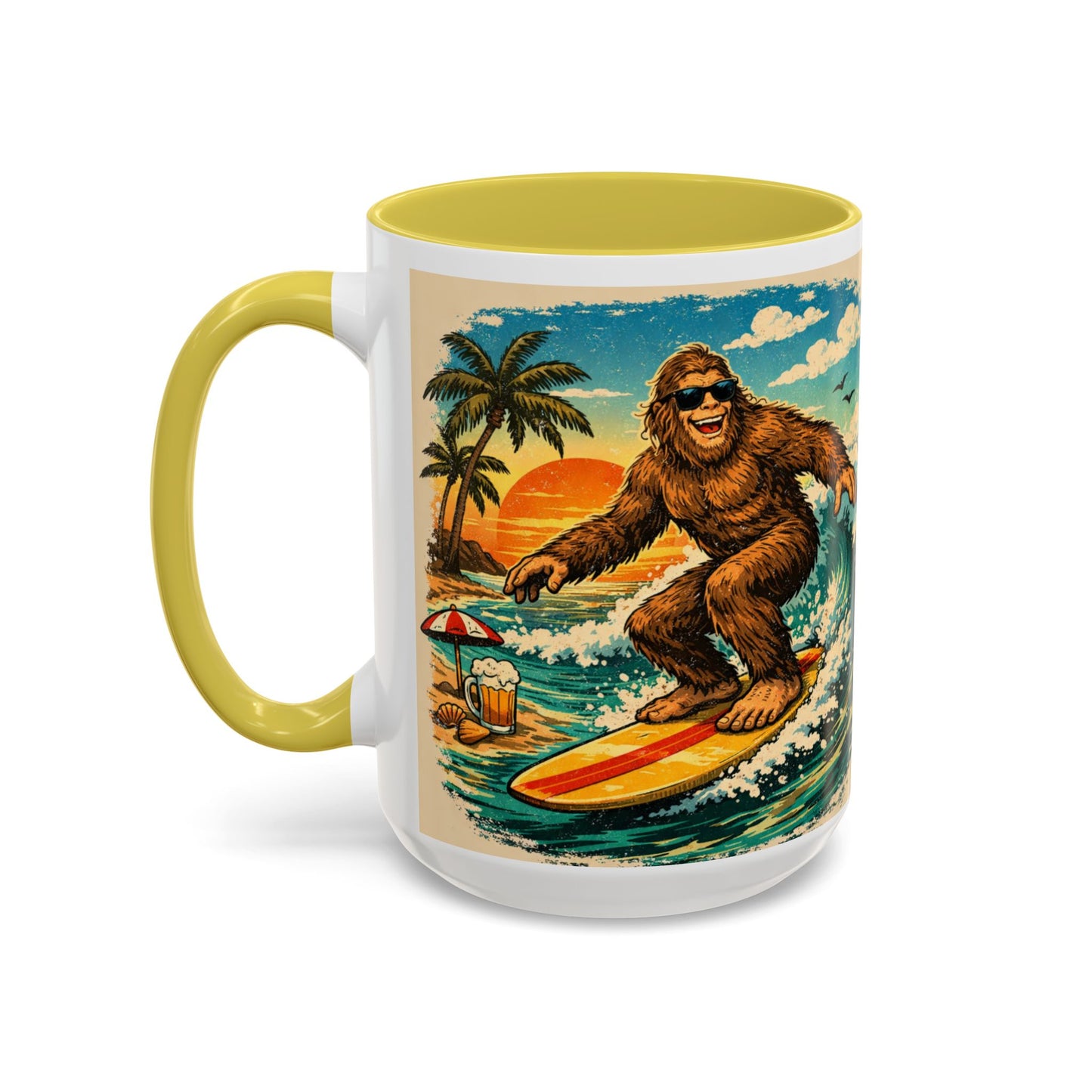 Surfing Bigfoot Mug | Retro Beach Sunset Bigfoot Wave Coffee Cup