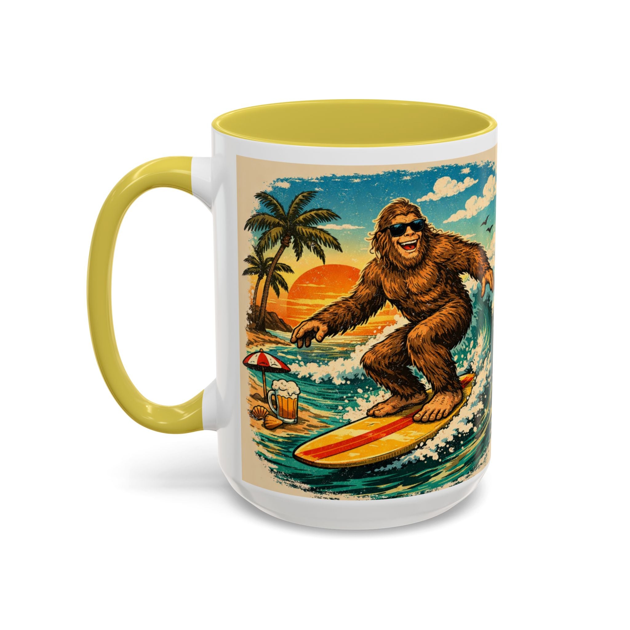 Surfing Bigfoot Mug | Retro Beach Sunset Bigfoot Wave Coffee Cup