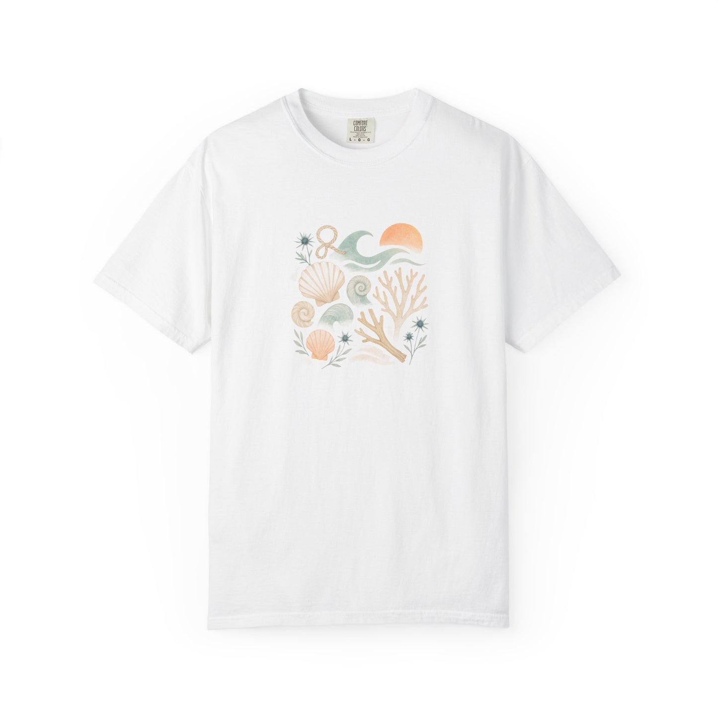 Coastal Seashells and Coral T-Shirt | Beach Wave Sunset Art