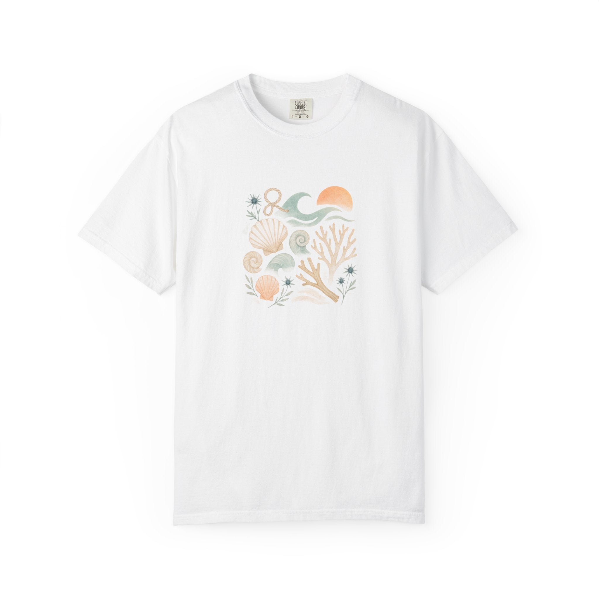 Coastal Seashells and Coral T-Shirt | Beach Wave Sunset Art