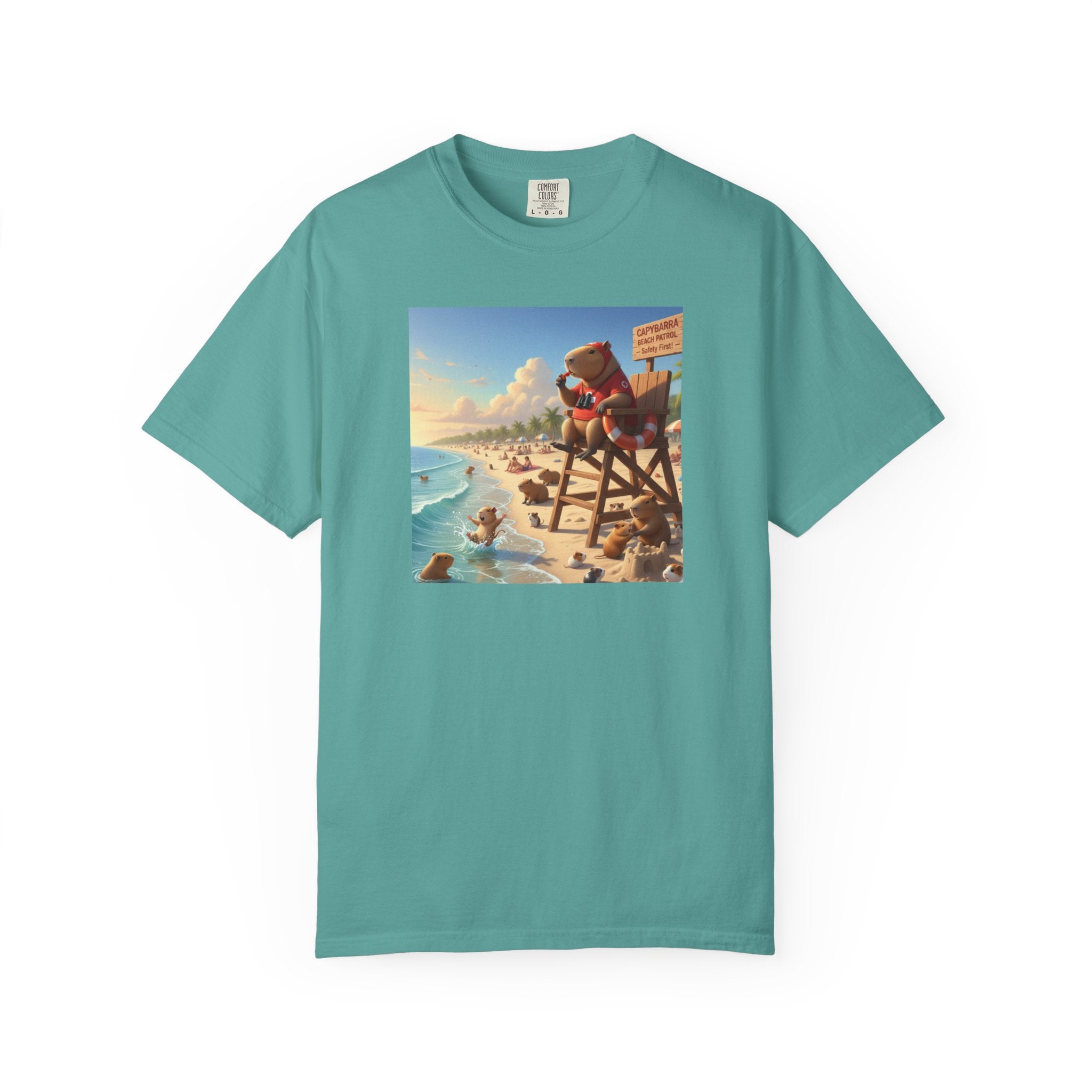 Lifeguard Capybara on Beach T-shirt | Surf Rescue Sunset Scene