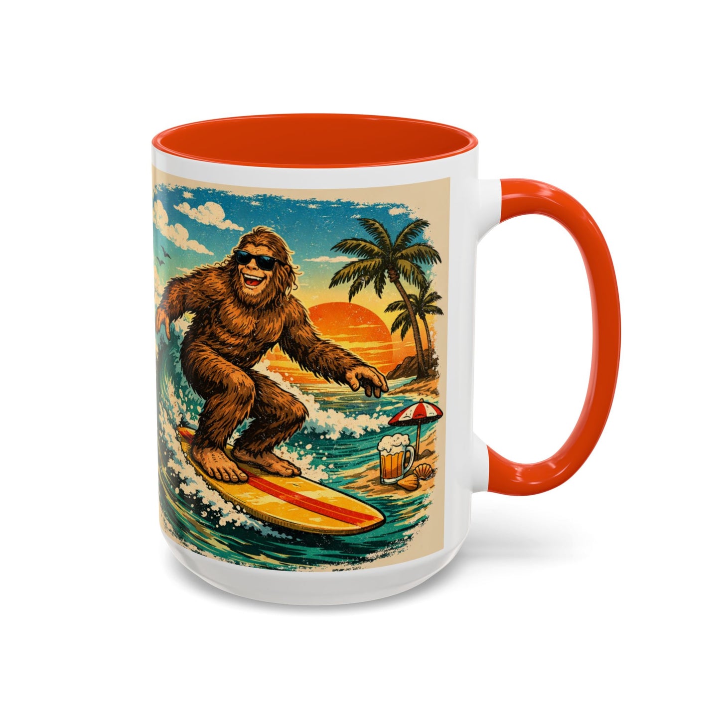 Surfing Bigfoot Mug | Retro Beach Sunset Bigfoot Wave Coffee Cup