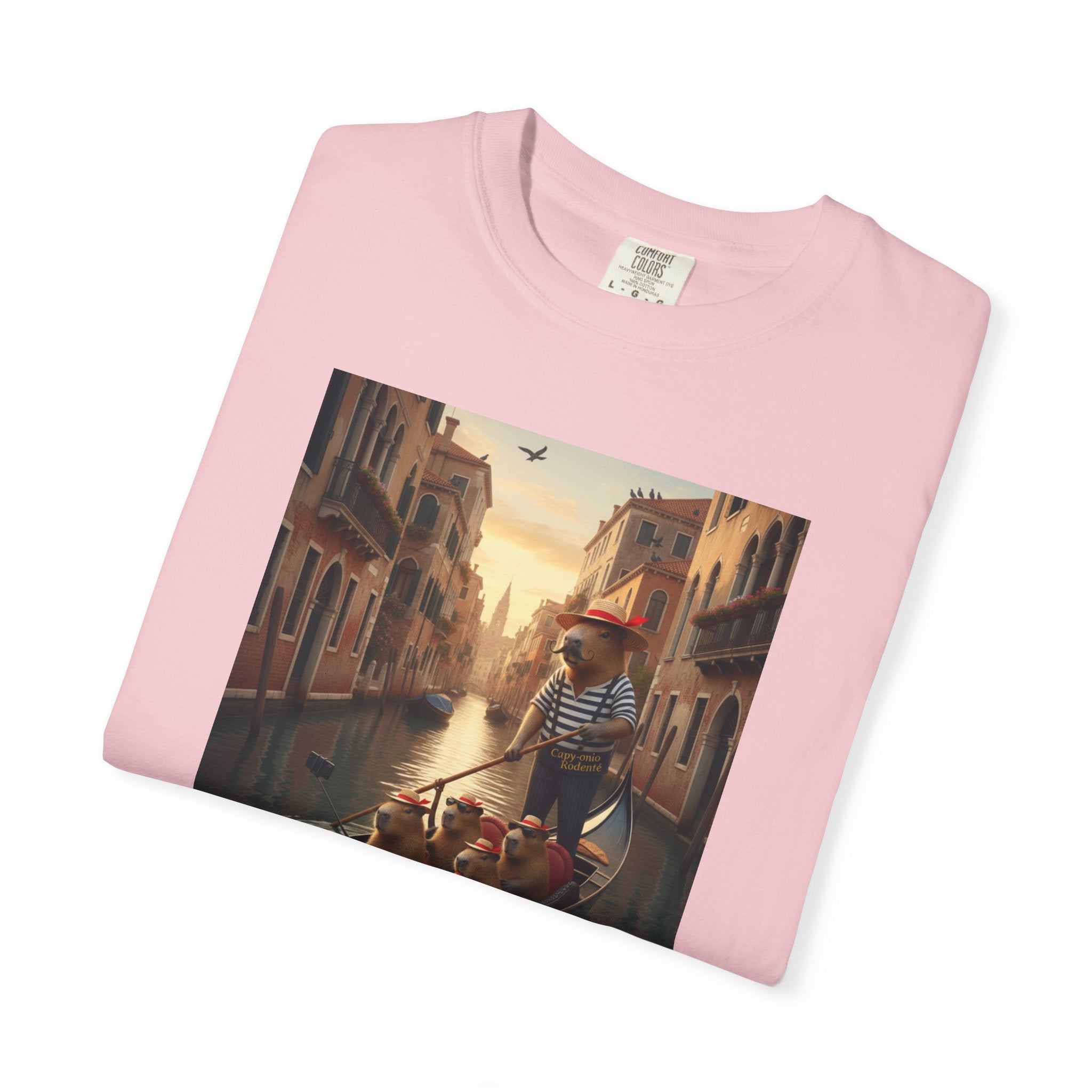 Capybara Venice Gondola Sunset T-shirt | Scenic Canal Travel Art
