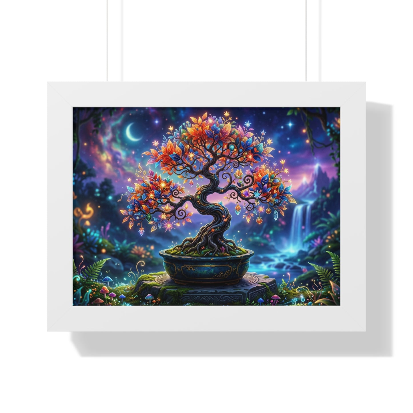 Celestial Magical Bonsai Tree Art Print, Fantasy Galaxy Tree of Life Wall Decor, Glowing Zen Garden Poster, Whimsical Mythical Landscape Art