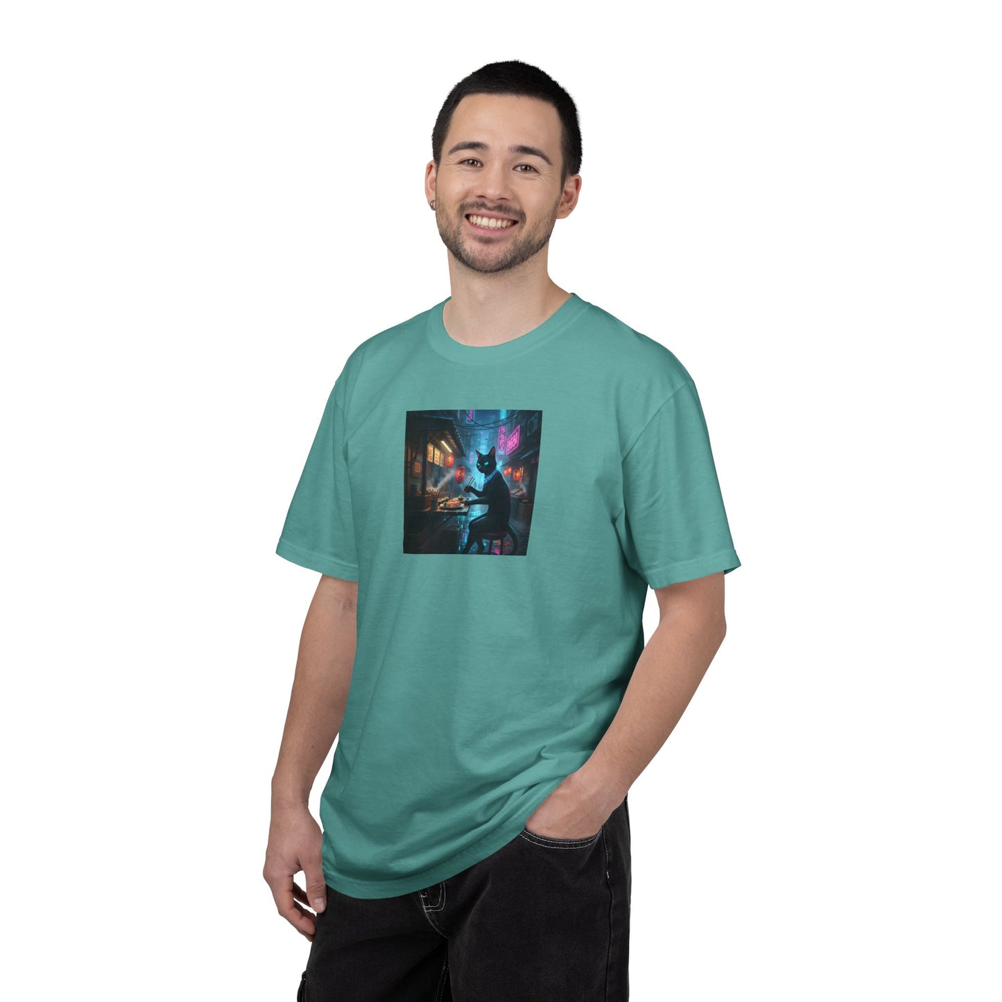 Cyberpunk Cat Sushi T-shirt | Neon Japan Noir