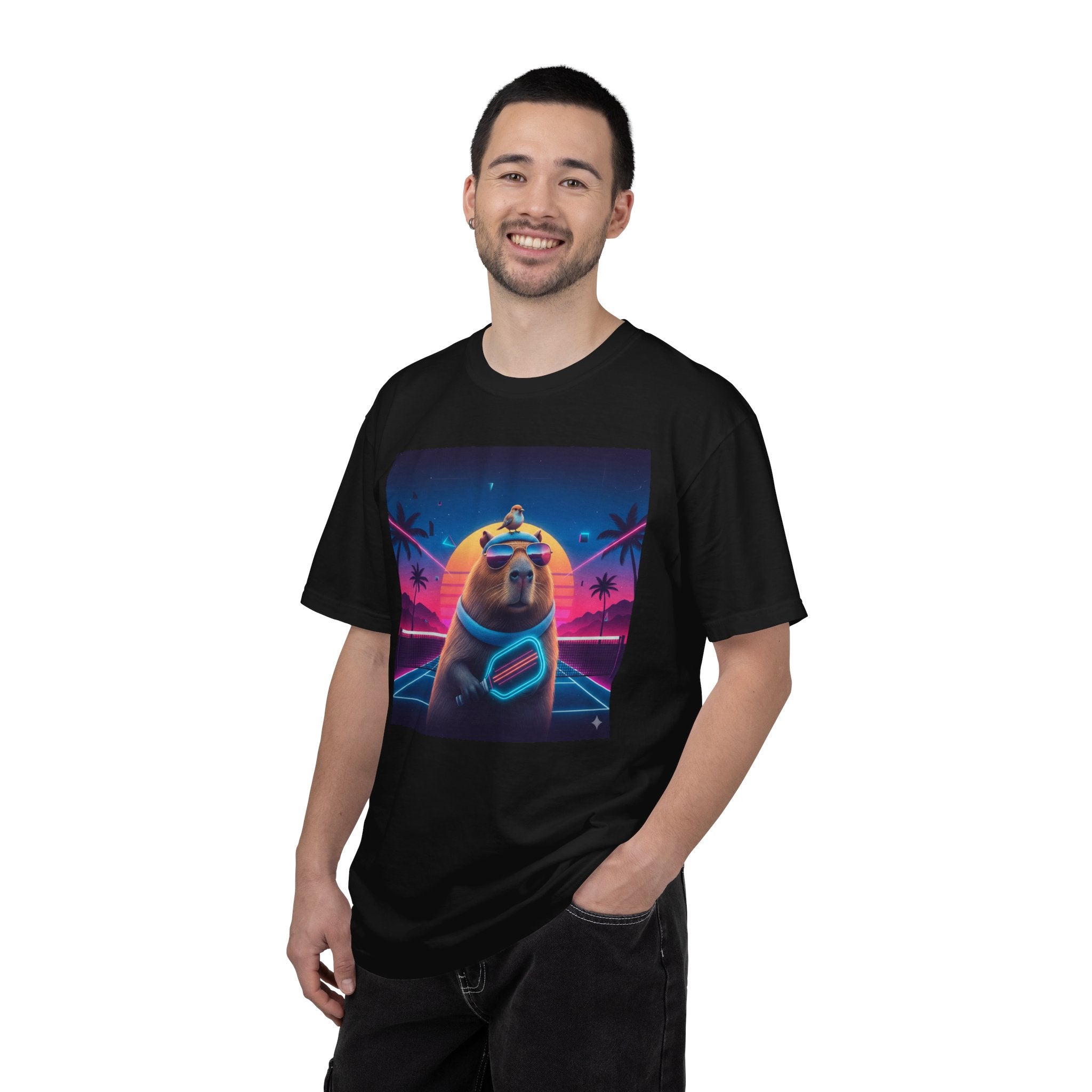 Retro Vaporwave Capybara with Sunglasses T-shirt | Neon Sunset Palm Trees