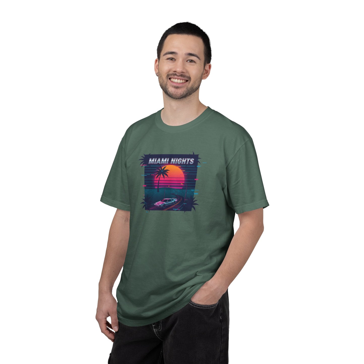 Miami Nights Sunset Palm T-shirt | Retro Vaporwave Beach Scene