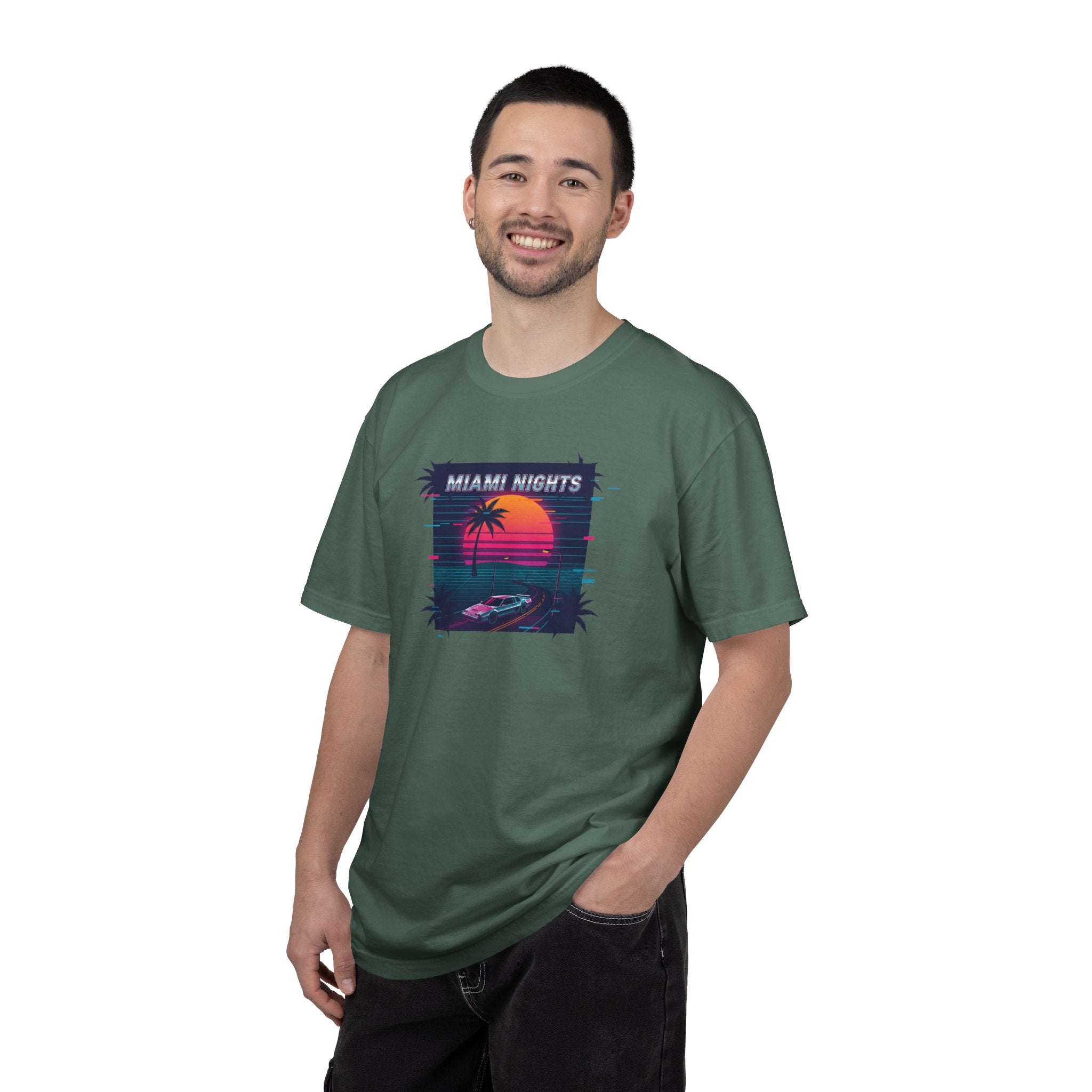 Miami Nights Sunset Palm T-shirt | Retro Vaporwave Beach Scene