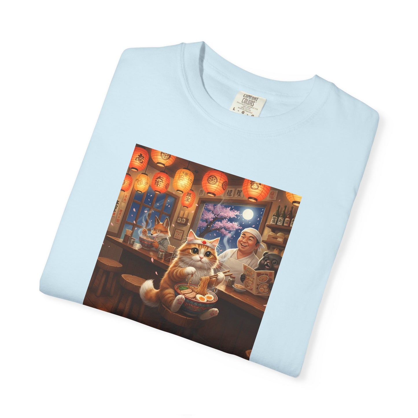 Whiskers and the Wondrous Noodles Cat Bar Ramen Scene T-shirt | Cozy Pub Cat Illustration