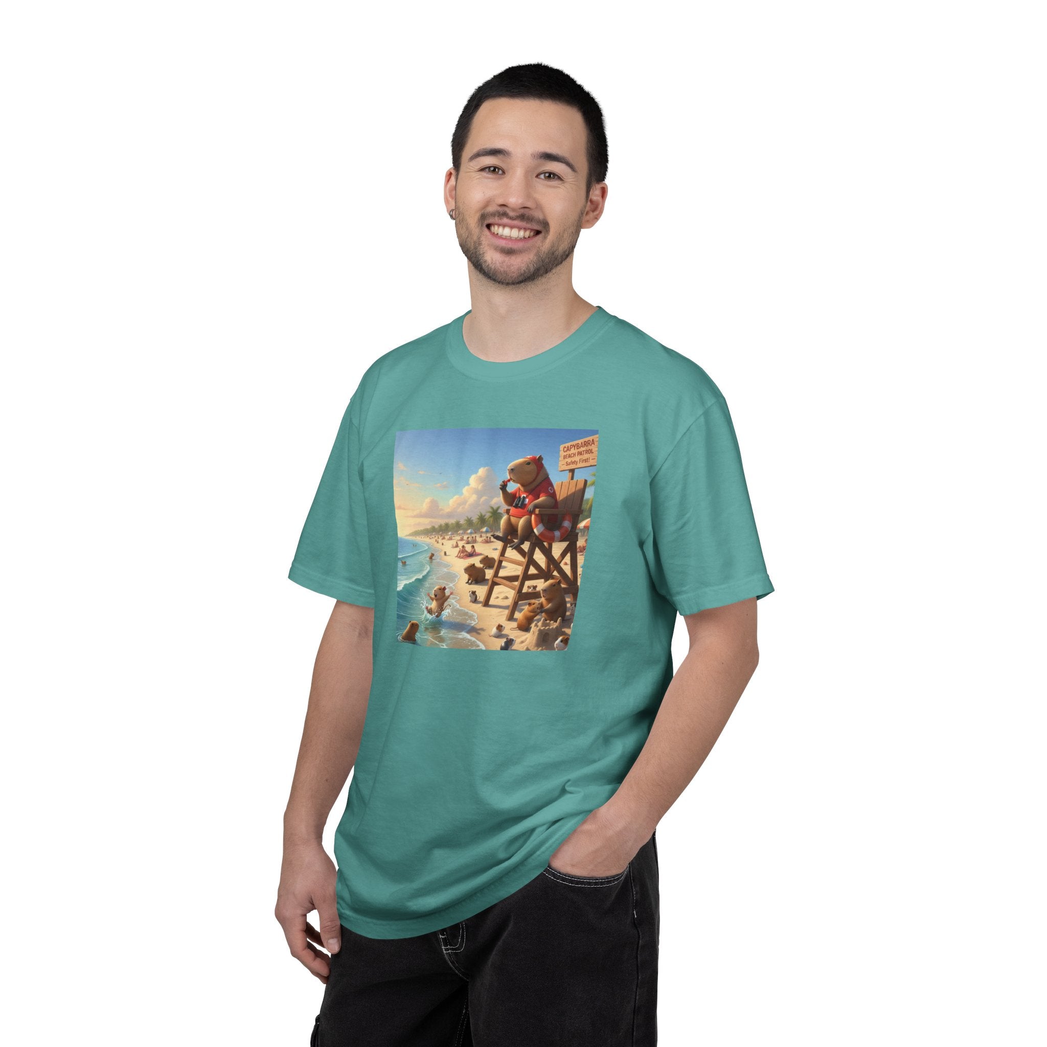 Lifeguard Capybara on Beach T-shirt | Surf Rescue Sunset Scene