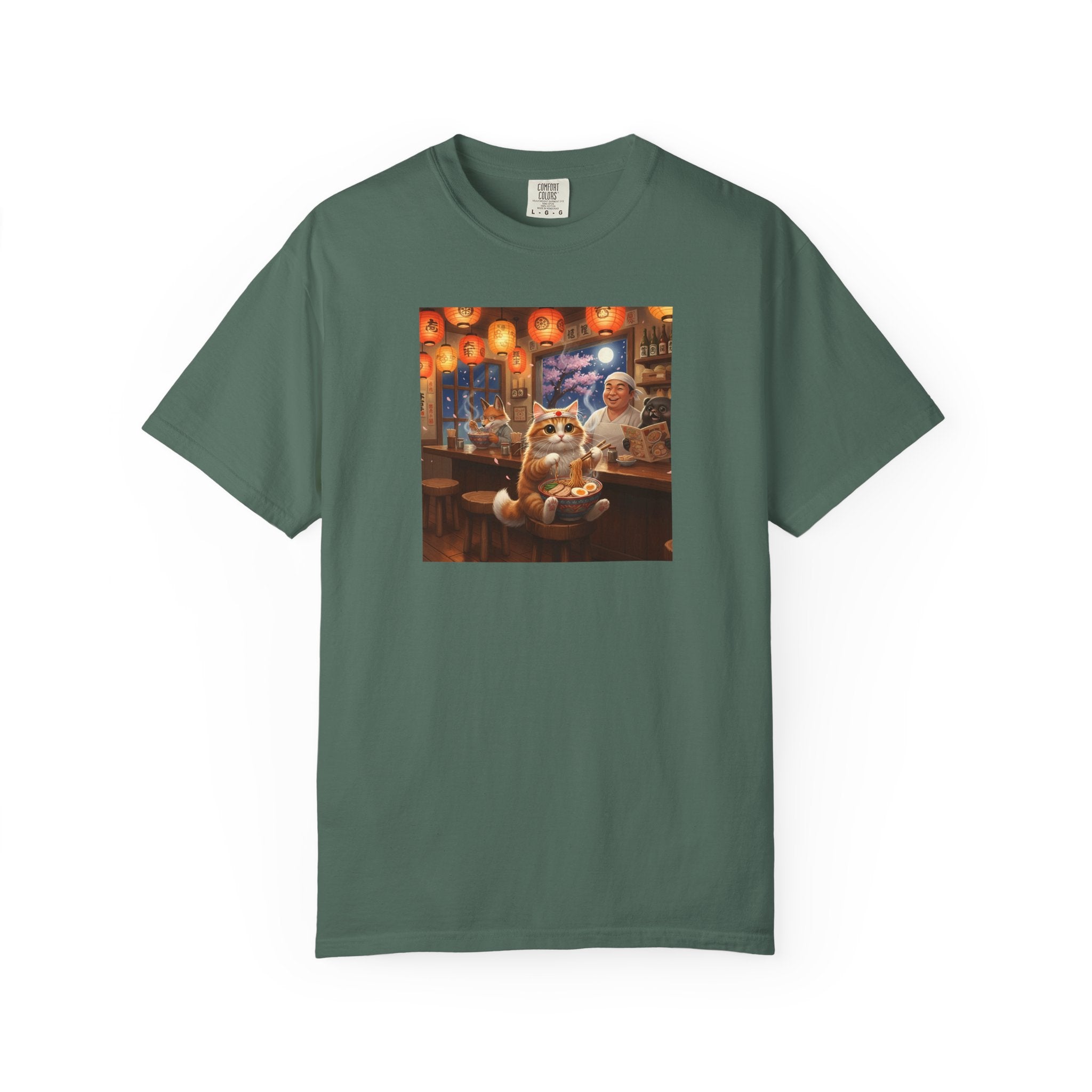 Whiskers and the Wondrous Noodles Cat Bar Ramen Scene T-shirt | Cozy Pub Cat Illustration