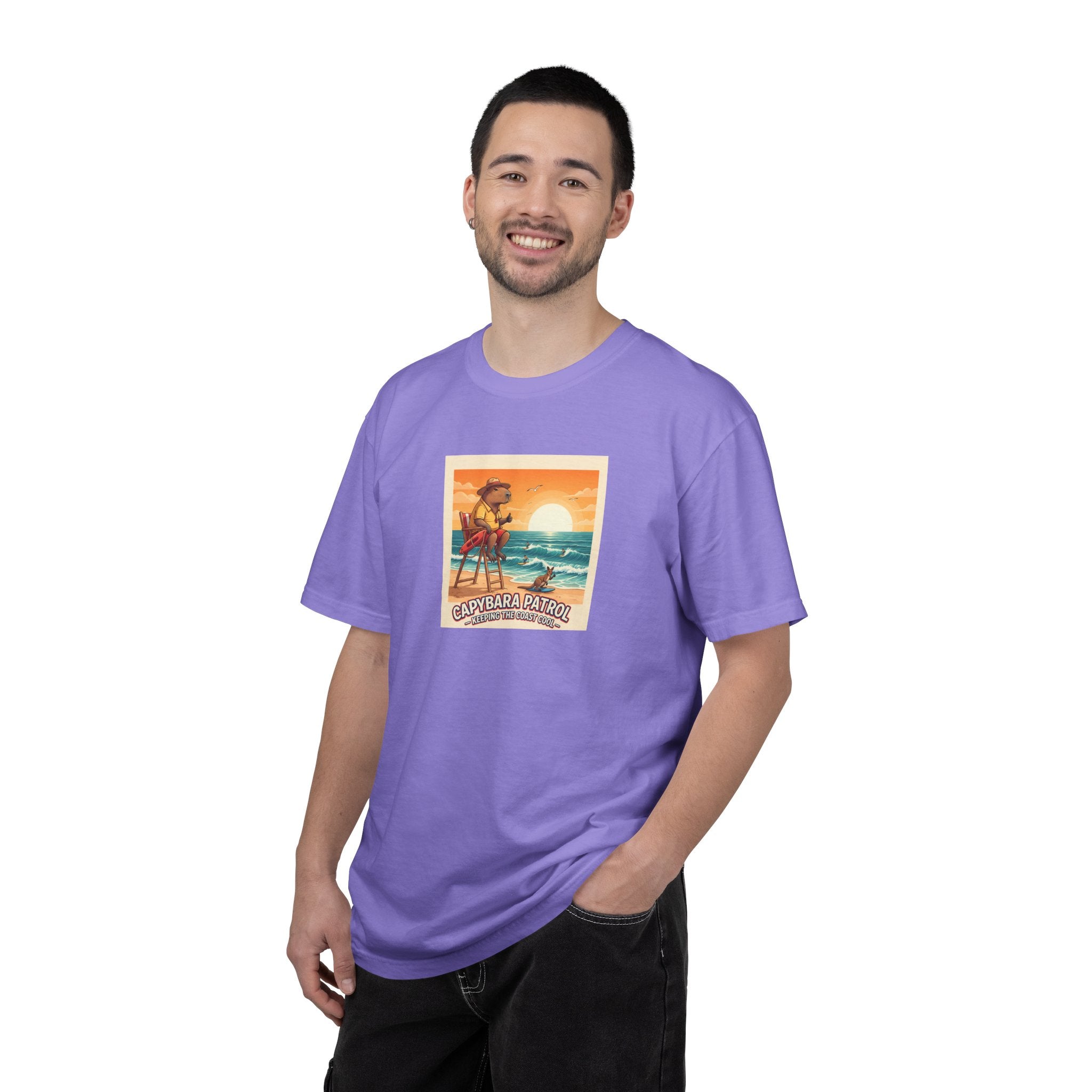 Capybara Patrol Sunset Surfing Capybara T-Shirt | Retro Beach Vibes