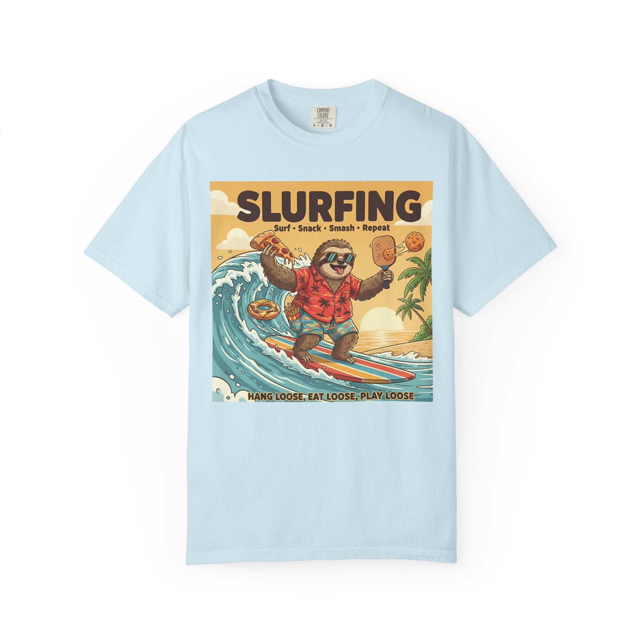 Slurfing Surfing Sloth T-Shirt | Retro Beach Wave Illustration