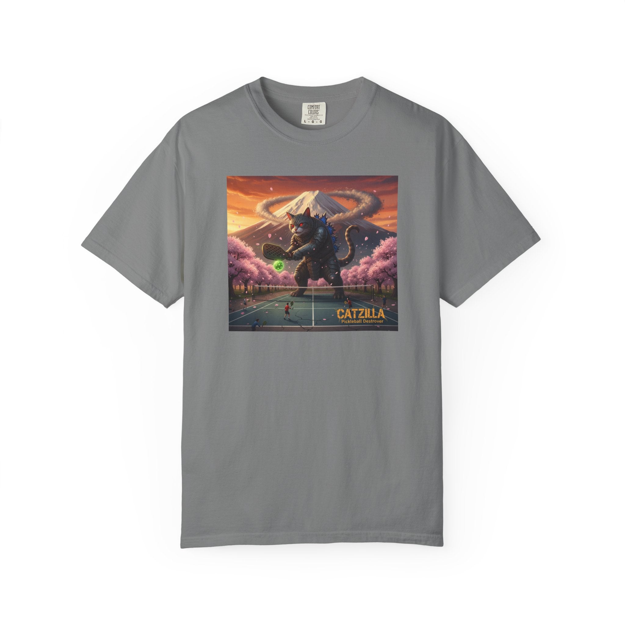 Catzilla Pickleball Destroyer T-shirt | Kaiju Cat Samurai, Mount Fuji Cherry Blossoms