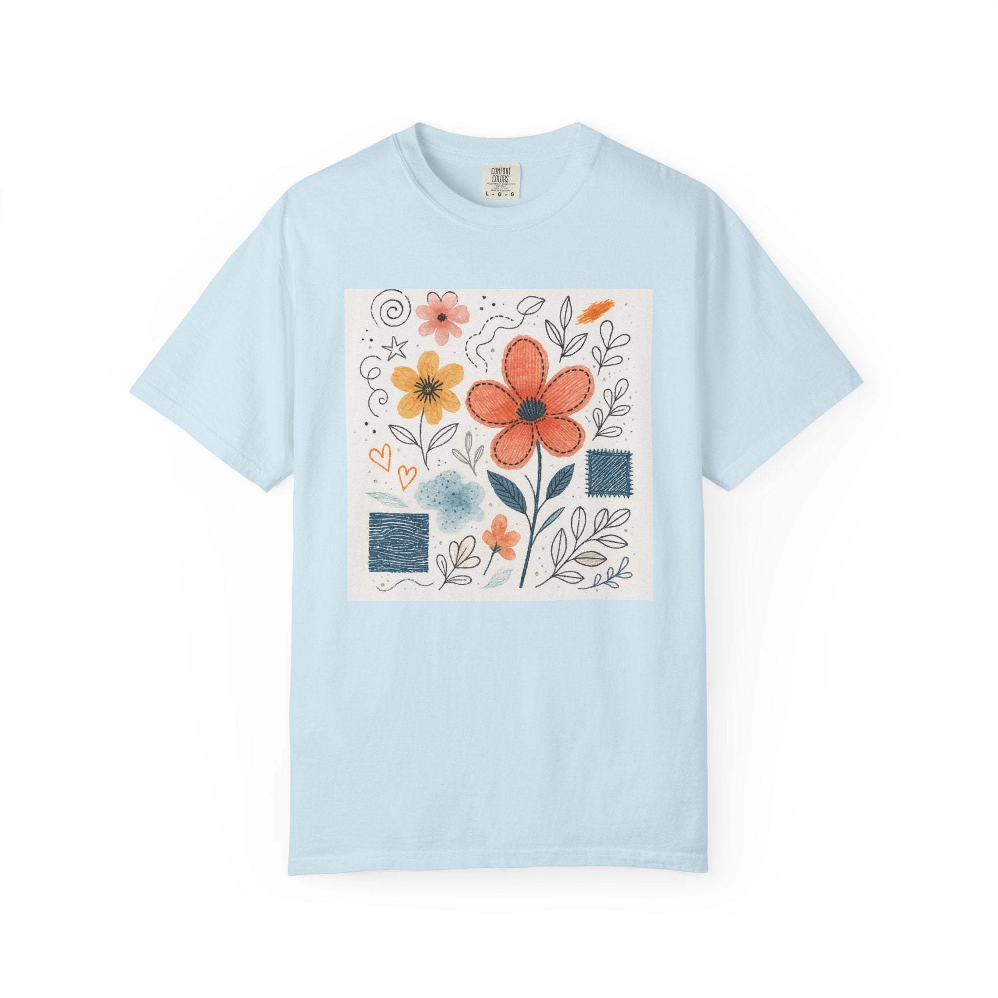 Hand-drawn Watercolor Floral Doodles T-shirt | Linocut & Embroidery Texture