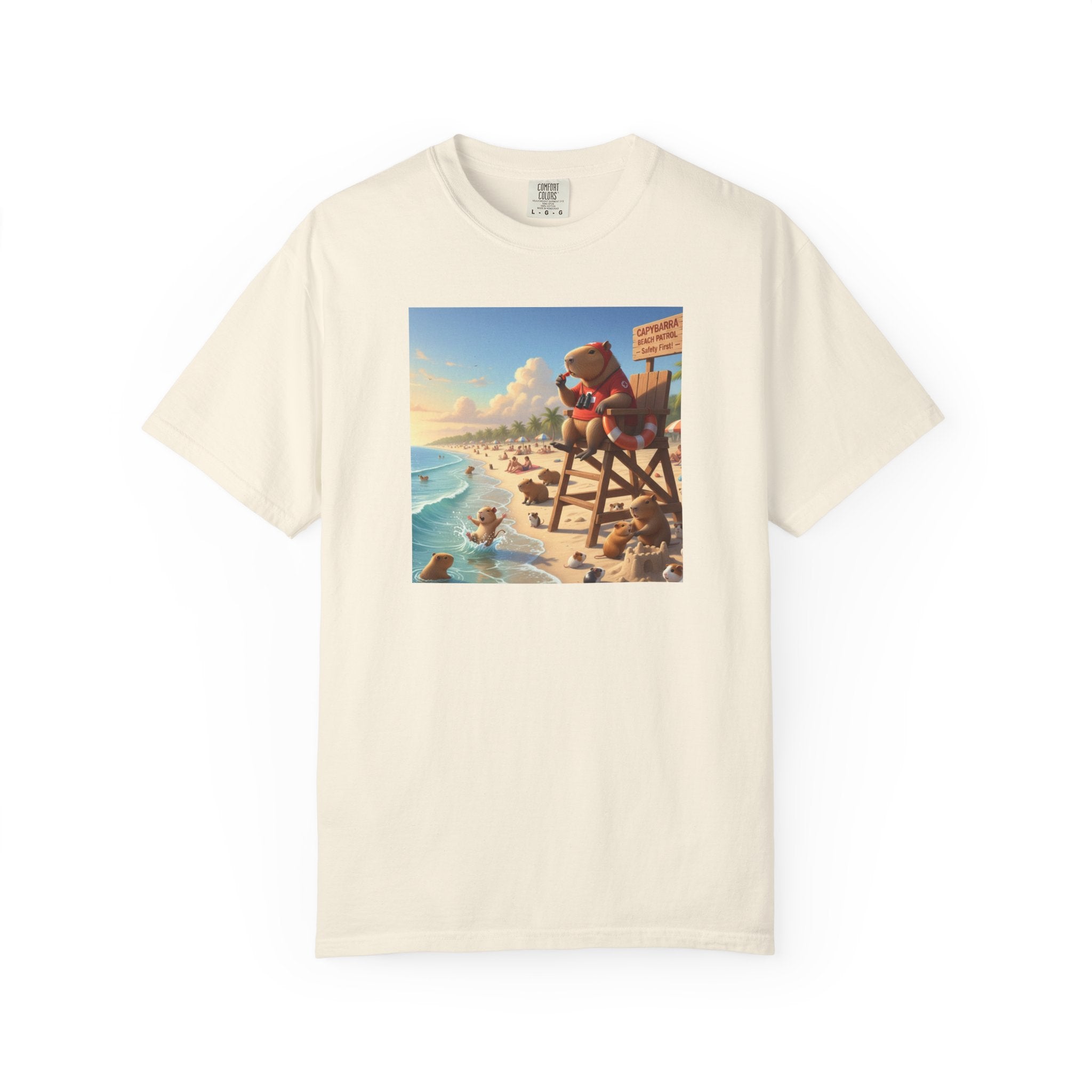 Lifeguard Capybara on Beach T-shirt | Surf Rescue Sunset Scene