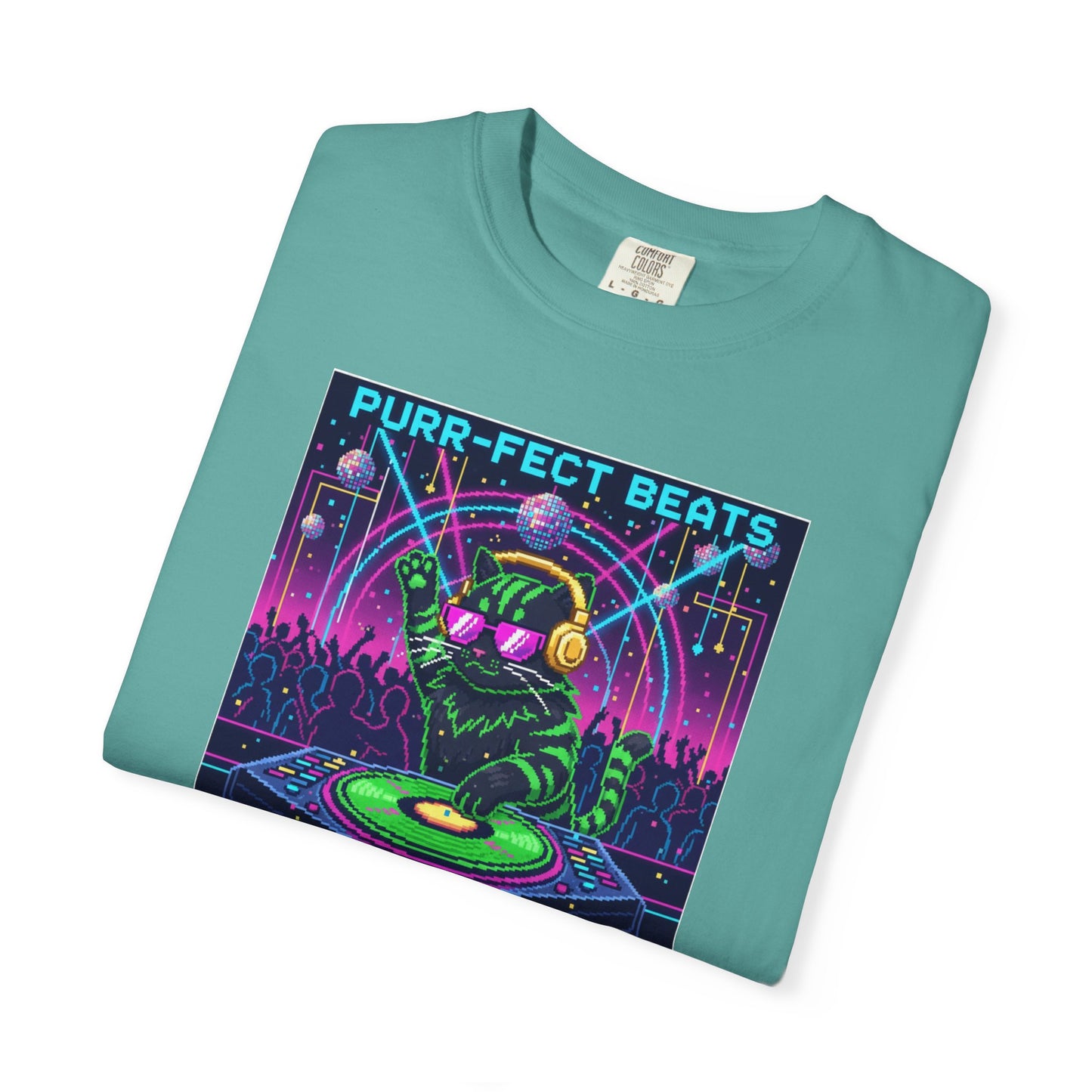 Purr-fect Beats Rave Feline DJ cat T-shirt | Neon EDM club design