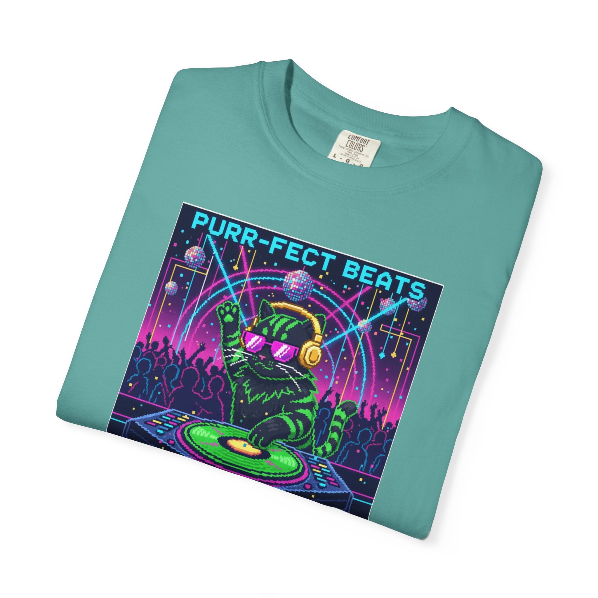 Purr-fect Beats Rave Feline DJ cat T-shirt | Neon EDM club design