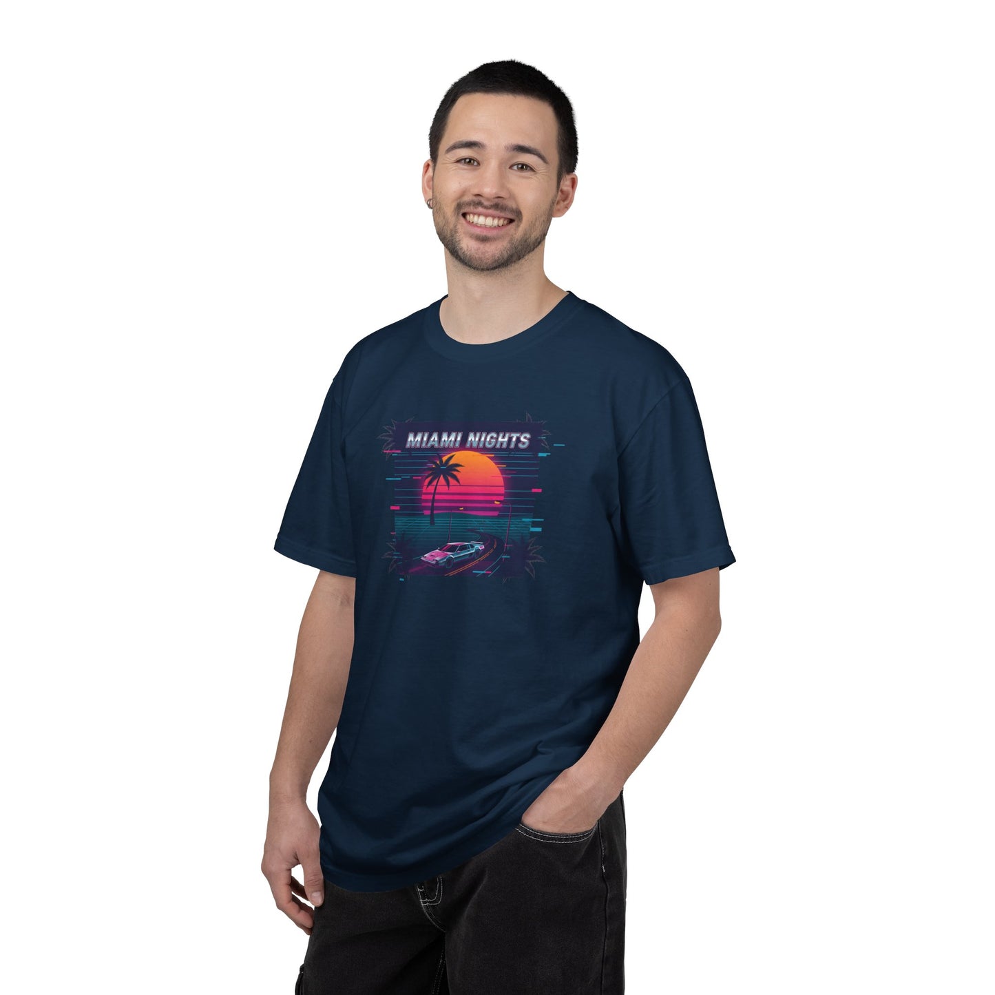 Miami Nights Sunset Palm T-shirt | Retro Vaporwave Beach Scene