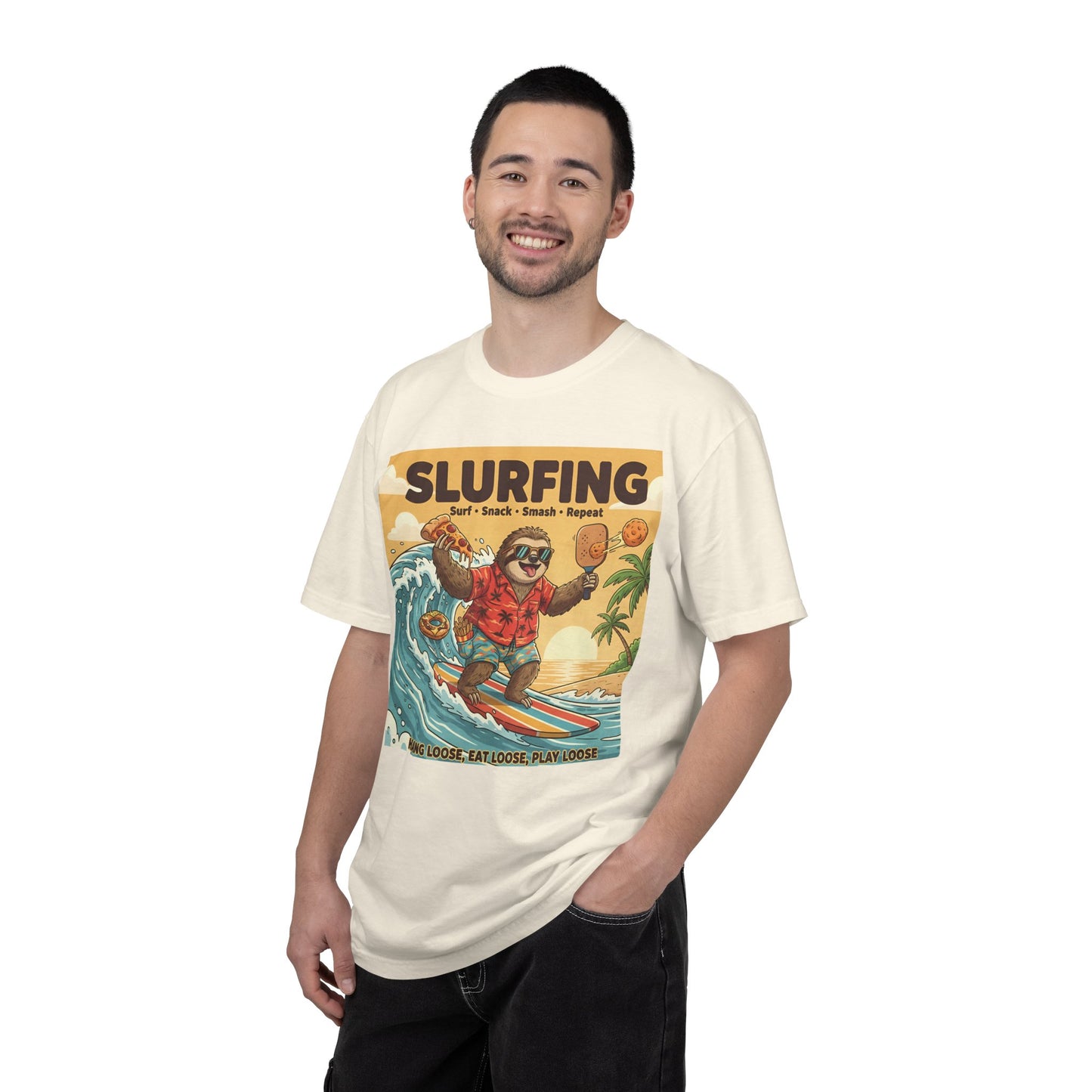 Slurfing Surfing Sloth T-Shirt | Retro Beach Wave Illustration