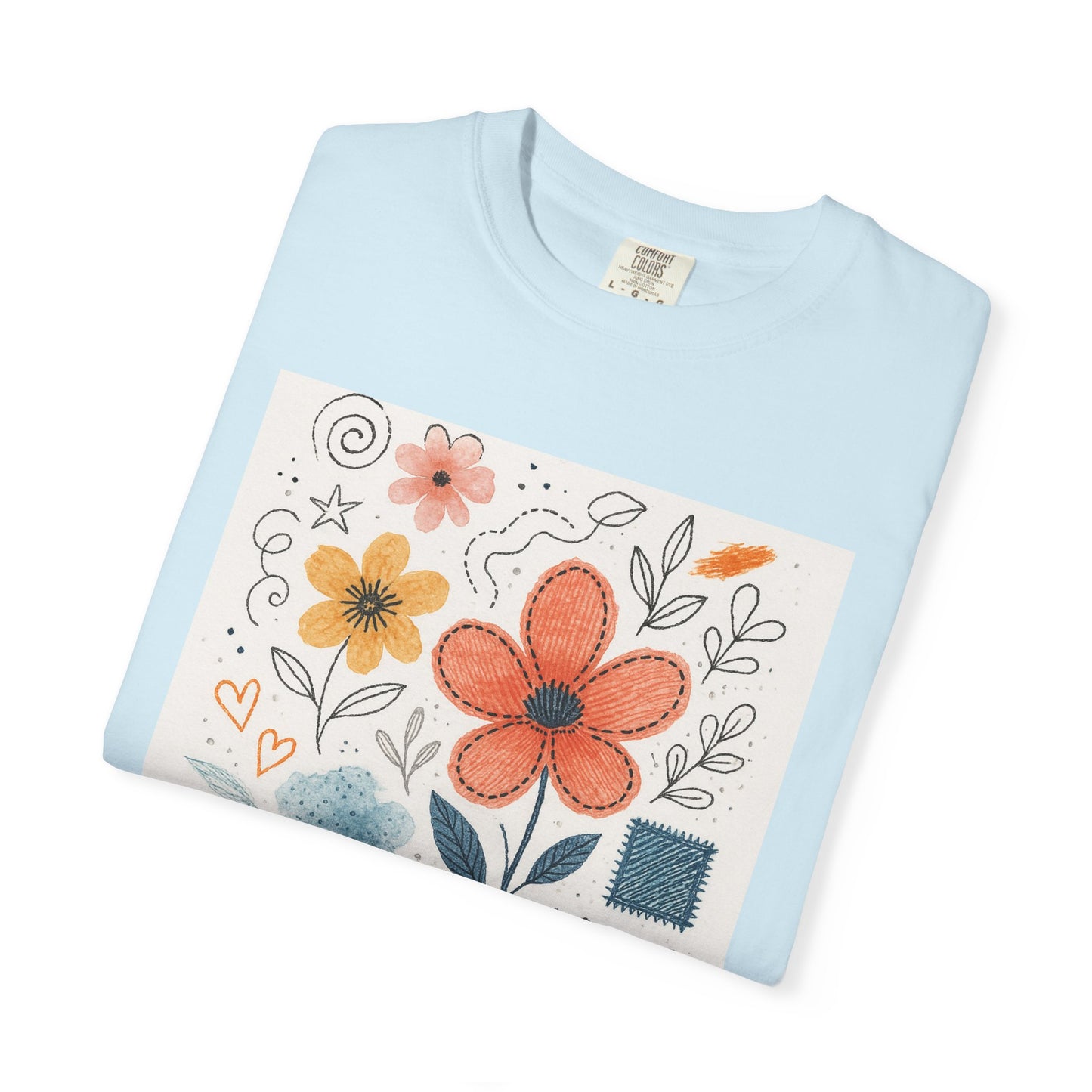 Hand-drawn Watercolor Floral Doodles T-shirt | Linocut & Embroidery Texture