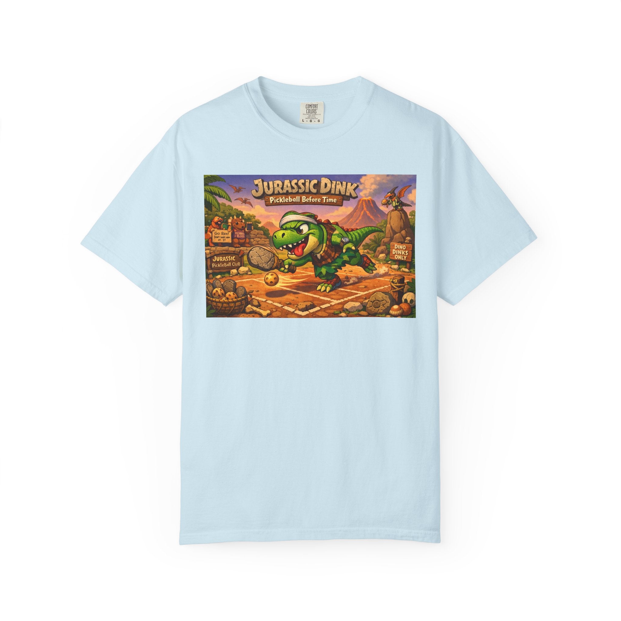 Jurassic Dink Pickleball Dinosaur Arcade Poster T-Shirt | Retro Video Game Shirt