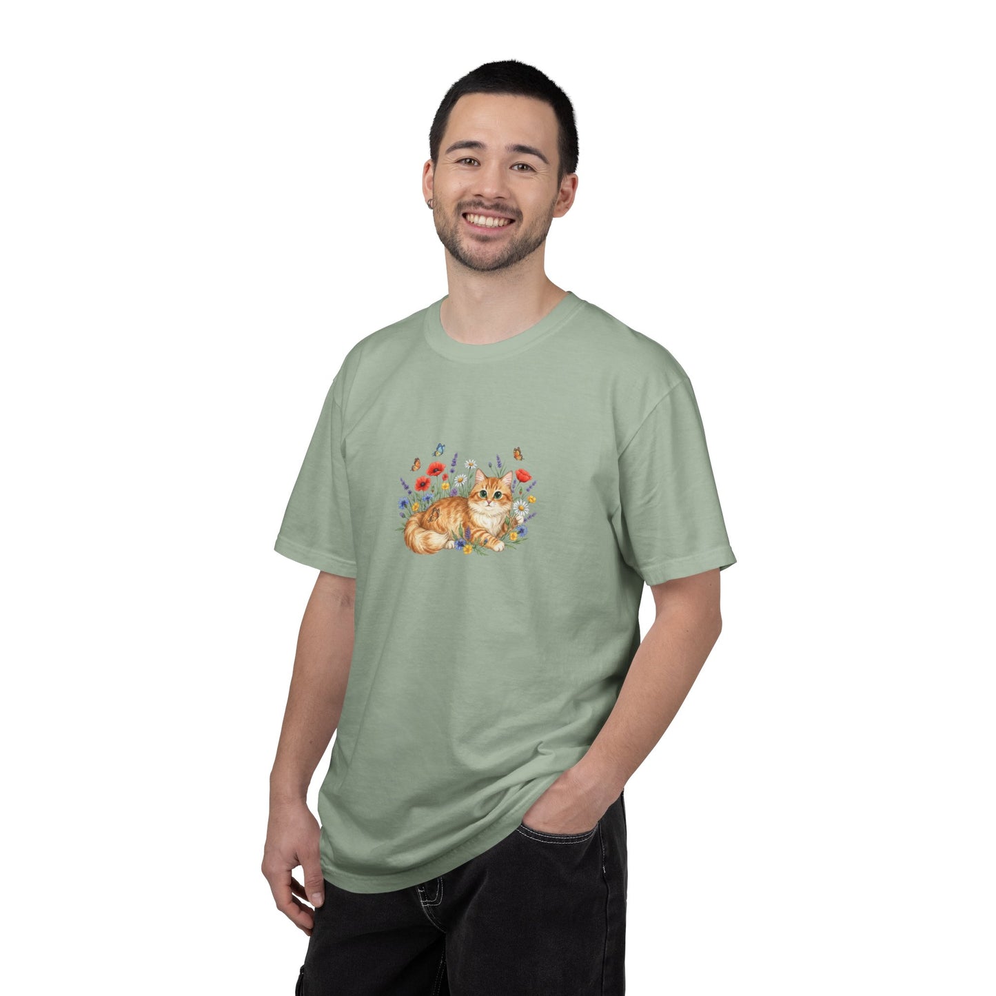 Orange Tabby Cat with Wildflowers T-Shirt | Floral Cat Tee